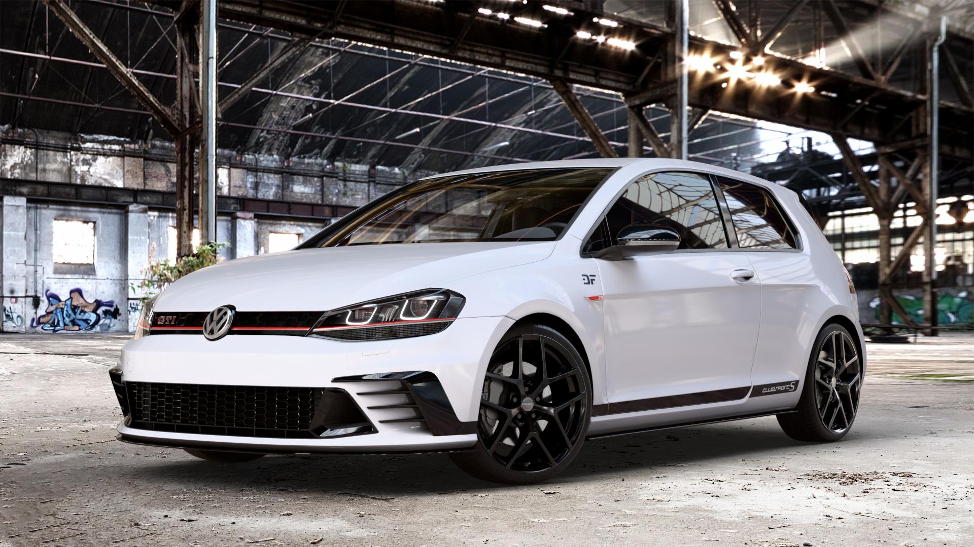 Borbet Y black glossy Felge mit Reifen schwarz in 19Zoll Winterfelge Alufelge auf weissem unilack Volkswagen (VW) Golf 7 2,0l GTI Clubsport 195kW (265 PS) S 228kW (310 Facelift TCR 213kW (290 ⬇️ mit 15mm Tieferlegung ⬇️ Old Industrial Hall_max_4400mm_2024 Frontansicht_1