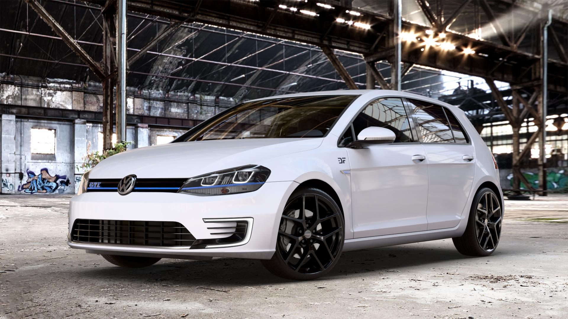 Borbet Y black glossy Felge mit Reifen schwarz in 19Zoll Winterfelge Alufelge auf weissem Volkswagen (VW) Golf 7 1,4l GTE Hybrid 110kW (150 PS) Facelift 0,0l e-Golf 100kW (136 ⬇️ mit 15mm Tieferlegung ⬇️ Old Industrial Hall_max_4400mm_2024 Frontansicht_1