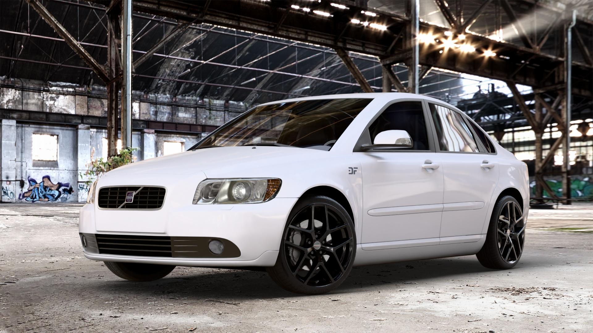 Borbet Y black glossy Felge mit Reifen schwarz in 19Zoll Winterfelge Alufelge auf weissem Volvo S40 II Typ M ⬇️ mit 15mm Tieferlegung ⬇️ Old Industrial Hall_max_4400mm_2024 Frontansicht_1
