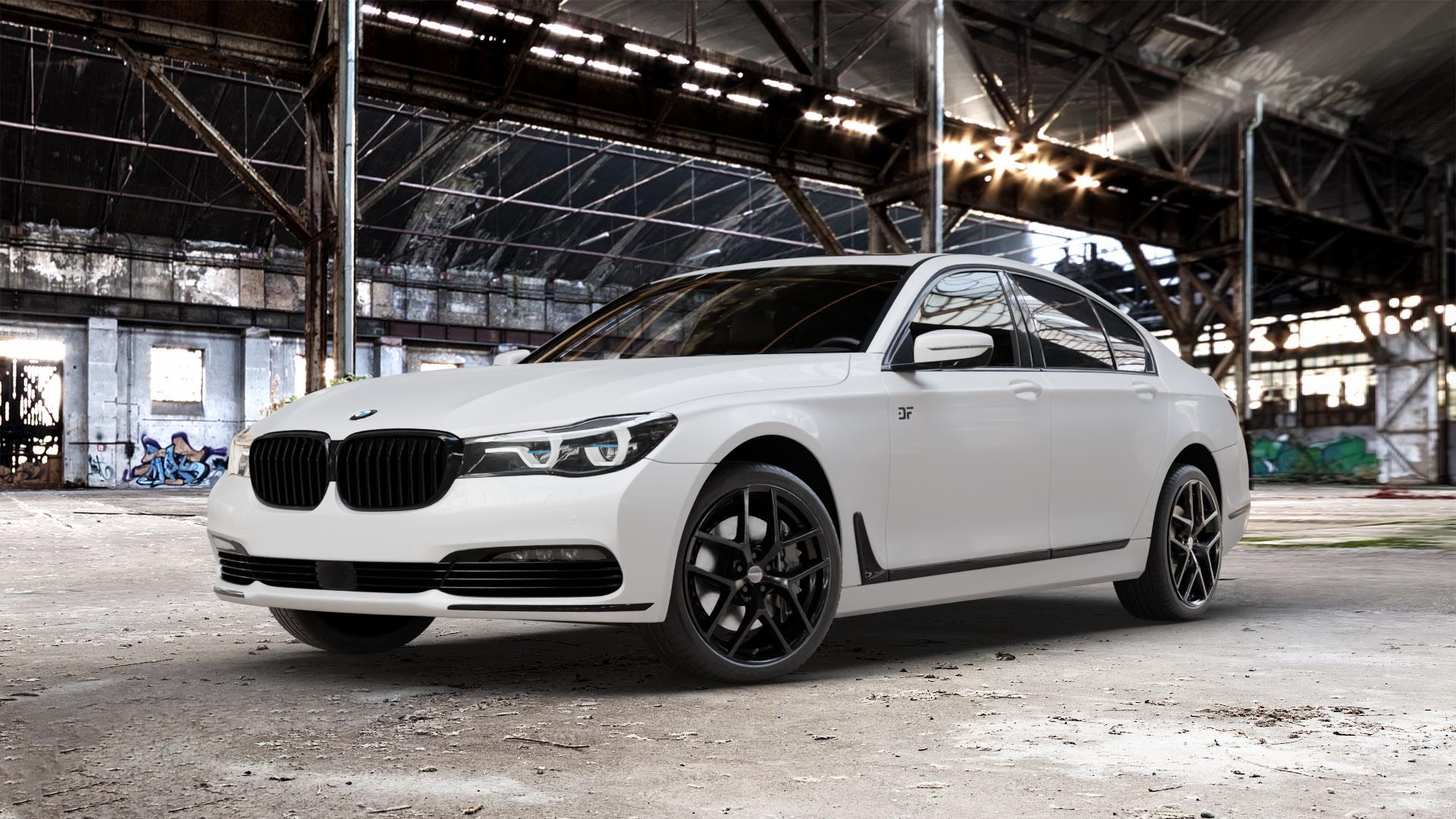 Borbet Y black glossy Felge mit Reifen schwarz in 20Zoll Winterfelge Alufelge auf weissem BMW 740i Typ G11 750i xDrive 730d 740d 740e 730i 750d 7er Limousine (7L) ⬇️ mit 15mm Tieferlegung ⬇️ Old Industrial Hall_max_5300mm_2024 Frontansicht_1