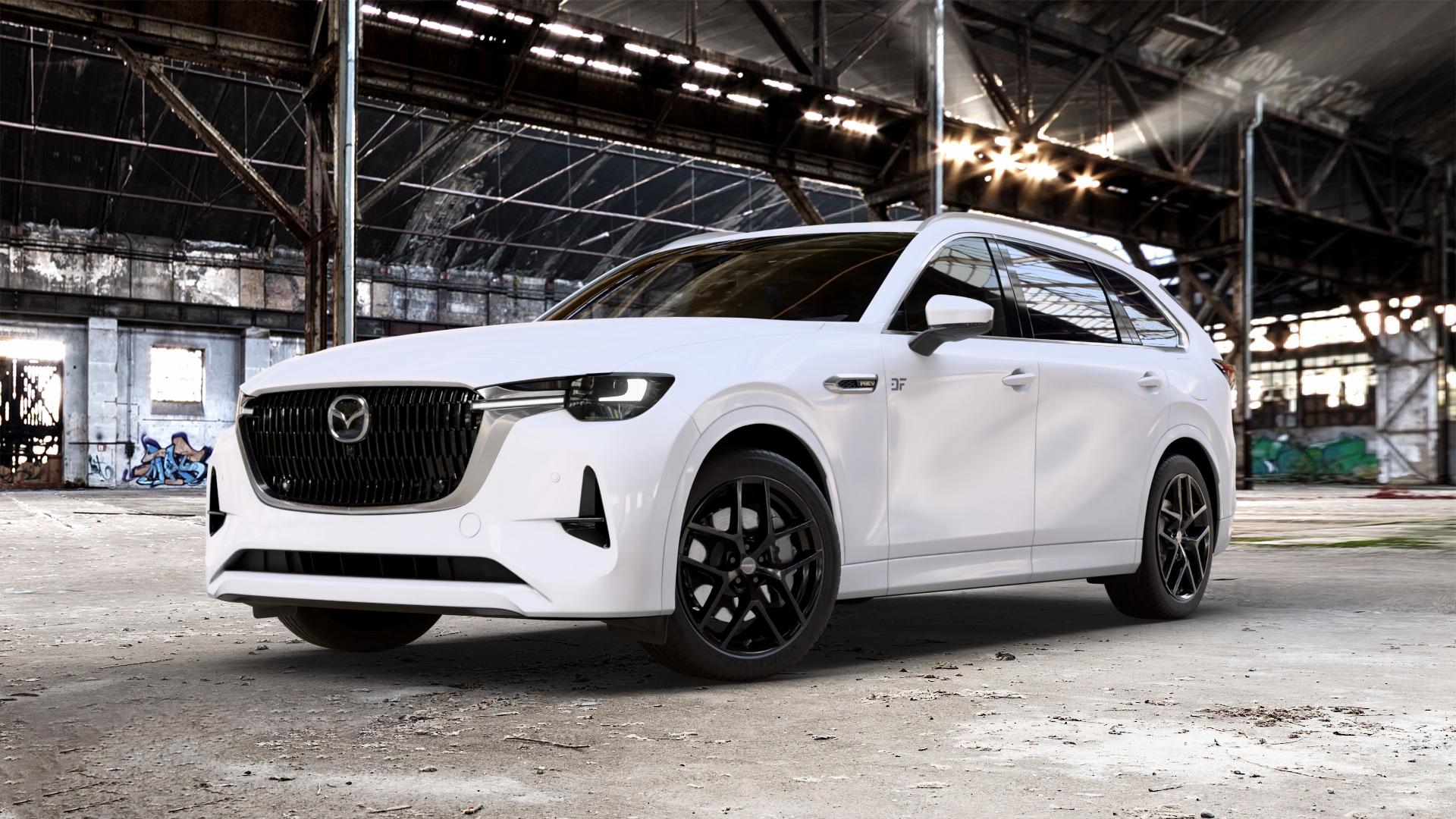 Borbet Y black glossy Felge mit Reifen schwarz in 20Zoll Winterfelge Alufelge auf weissem Mazda CX-80 Typ KL01 ⬇️ mit 15mm Tieferlegung ⬇️ Old Industrial Hall_max_5300mm_2024 Frontansicht_1
