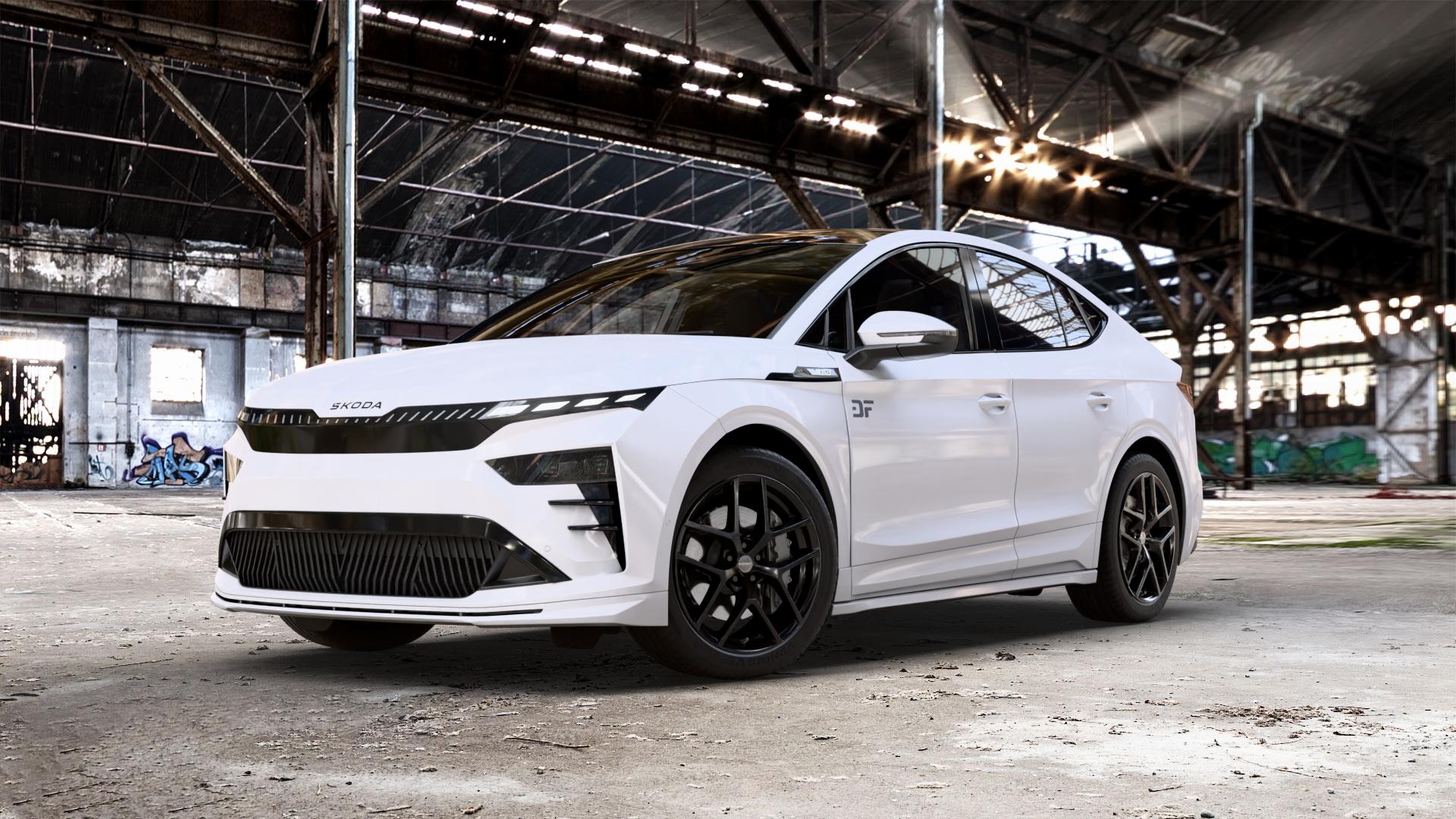 Borbet Y black glossy Felge mit Reifen schwarz in 20Zoll Winterfelge Alufelge auf weissem Skoda Enyaq Coupe iV Typ NY Facelift 0,0l 77kW RS Coupé (105 PS) ⬇️ mit 15mm Tieferlegung ⬇️ Old Industrial Hall_max_5300mm_2024 Frontansicht_1