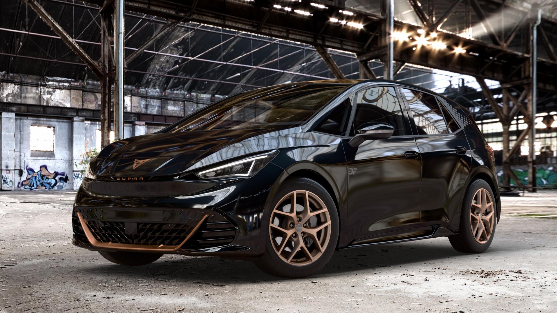 Borbet Y bronce matt Felge mit Reifen bronze in 18Zoll Winterfelge Alufelge auf metallic schwarzem Cupra Born Typ K1 ⬇️ mit 15mm Tieferlegung ⬇️ Old Industrial Hall_max_4400mm_2024 Frontansicht_1
