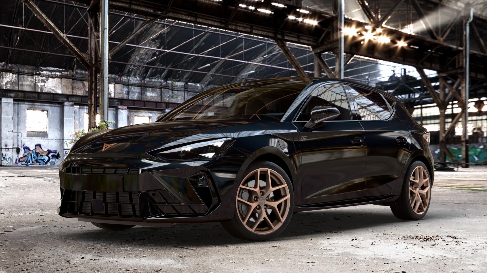 Borbet Y bronce matt Felge mit Reifen bronze in 18Zoll Winterfelge Alufelge auf metallic schwarzem Cupra Leon Typ KL Facelift ⬇️ mit 15mm Tieferlegung ⬇️ Old Industrial Hall_max_4400mm_2024 Frontansicht_1