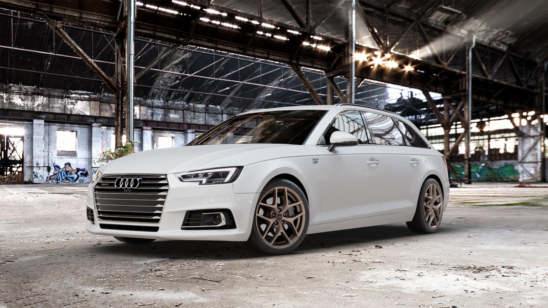 Borbet Y bronce matt Felge mit Reifen bronze in 18Zoll Winterfelge Alufelge auf weissem Audi A4 Typ B9 (Avant) ⬇️ mit 15mm Tieferlegung ⬇️ Old Industrial Hall_max_5300mm_2024 Frontansicht_1