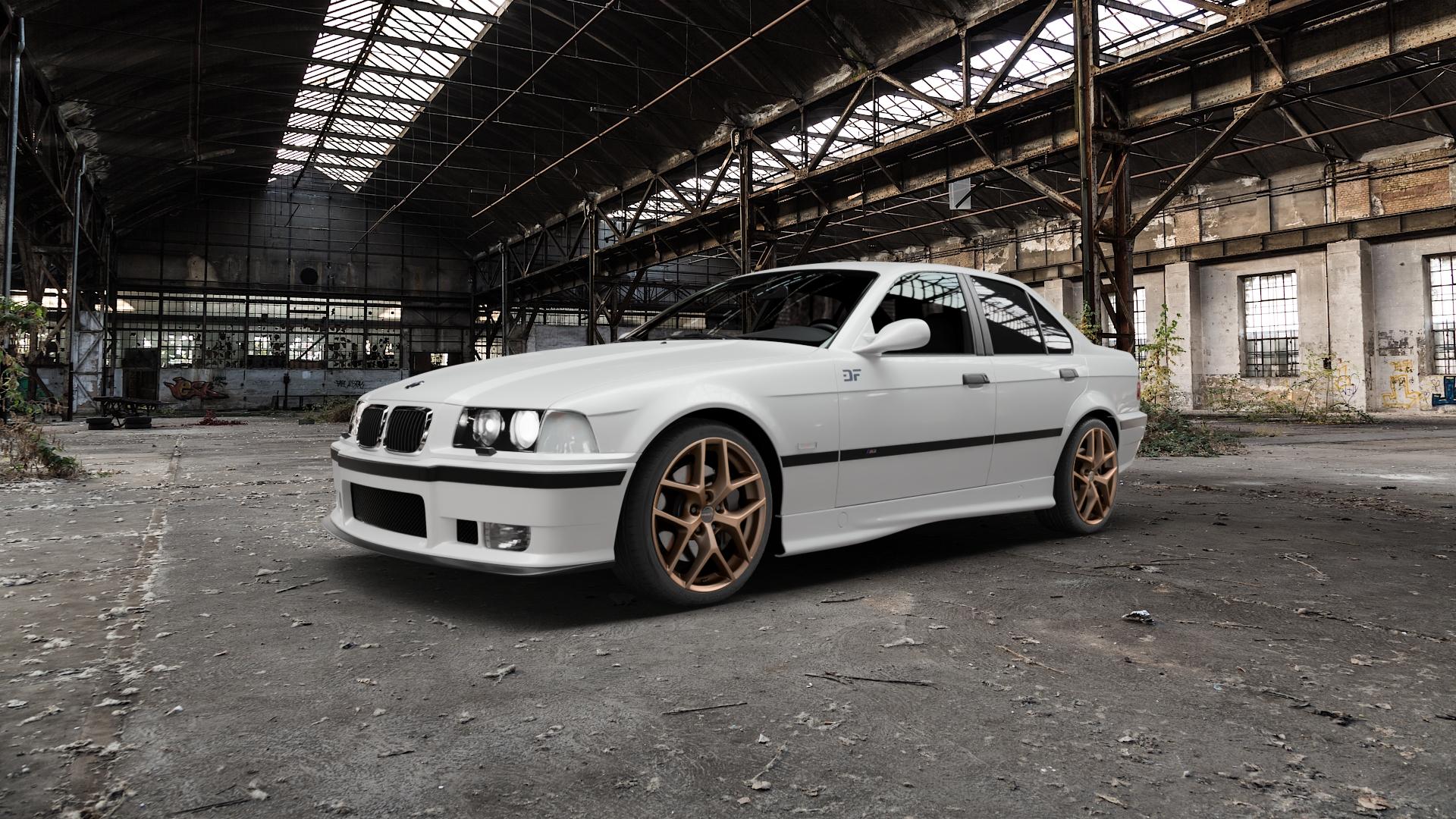 Borbet Y bronce matt Felge mit Reifen bronze in 18Zoll Winterfelge Alufelge auf weissem BMW M3 Typ E36 (Limousine) ⬇️ mit 15mm Tieferlegung ⬇️ Old Industrial Hall_max5000mm_2022 Frontansicht_1
