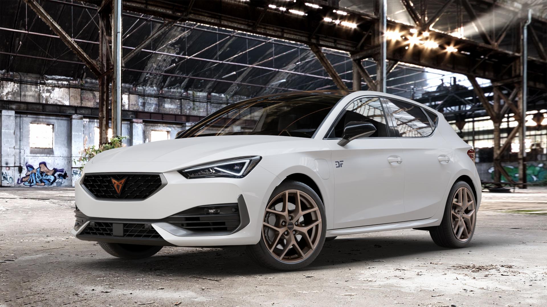 Borbet Y bronce matt Felge mit Reifen bronze in 18Zoll Winterfelge Alufelge auf weissem Cupra Leon Typ KL ⬇️ mit 15mm Tieferlegung ⬇️ Old Industrial Hall_max_4400mm_2024 Frontansicht_1