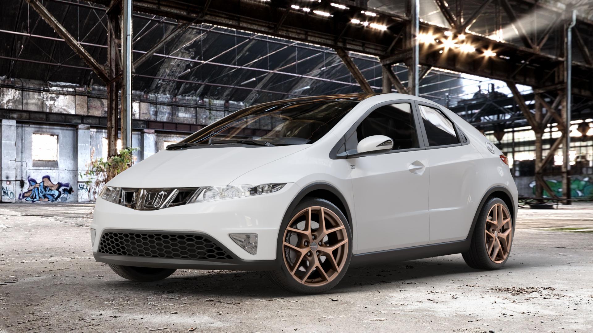 Borbet Y bronce matt Felge mit Reifen bronze in 18Zoll Winterfelge Alufelge auf weissem Honda Civic 8 Fünftürer (FK) 1,4l V-Tec (FK1) 73kW (99 PS) ⬇️ mit 15mm Tieferlegung ⬇️ Old Industrial Hall_max_4400mm_2024 Frontansicht_1