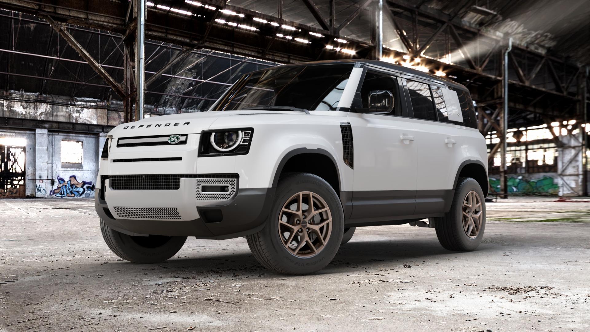 Borbet Y bronce matt Felge mit Reifen bronze in 18Zoll Winterfelge Alufelge auf weissem Land Rover Defender 110 Typ LE ⬇️ mit 15mm Tieferlegung ⬇️ Old Industrial Hall_max_5300mm_2024 Frontansicht_1