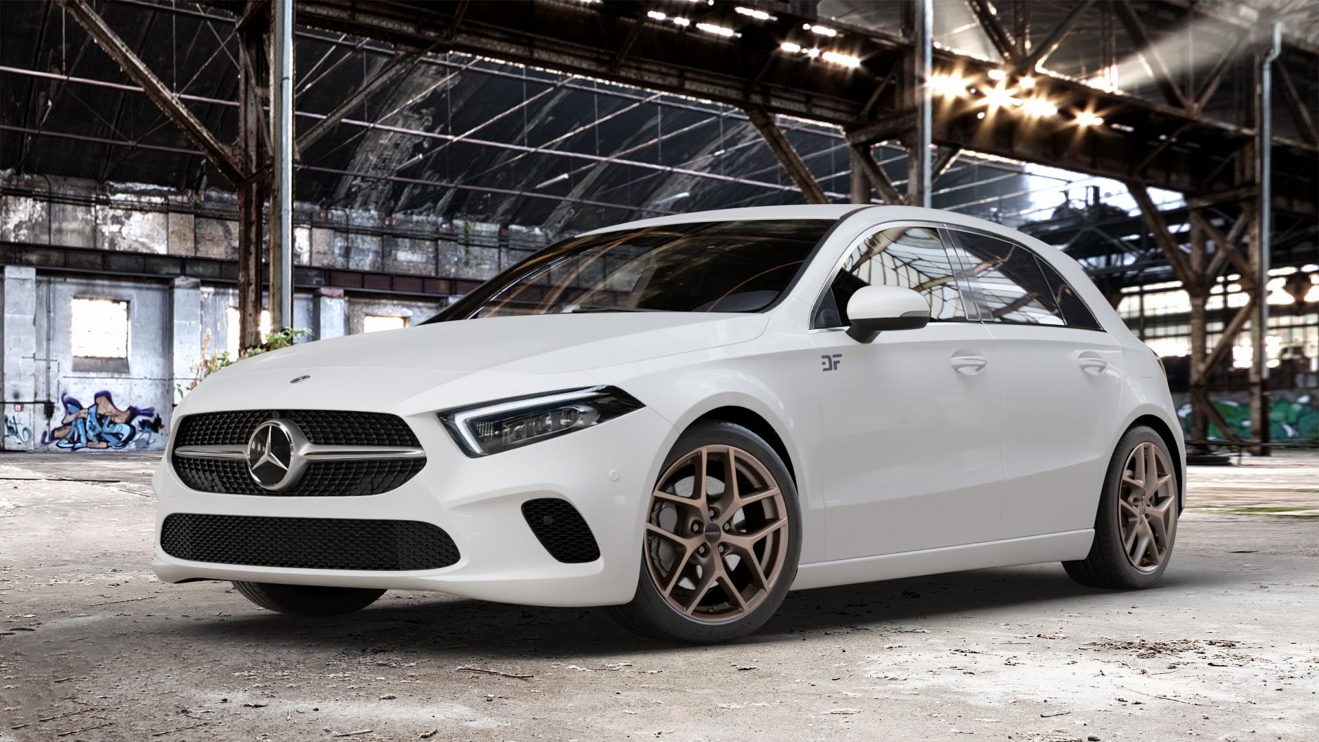 Borbet Y bronce matt Felge mit Reifen bronze in 18Zoll Winterfelge Alufelge auf weissem Mercedes A-Klasse IV Typ 177 (F2A) Schrägheck 2,0l A 250 165kW (224 PS) 1,3l 200 120kW (163 1,5l 180d 85kW (116 160 80kW (109 180 100kW (136 220 140kW (190 4Mat ⬇️ mit 15mm Tieferlegung ⬇️ Old Industrial Hall_max_4400mm_2024 Frontansicht_1
