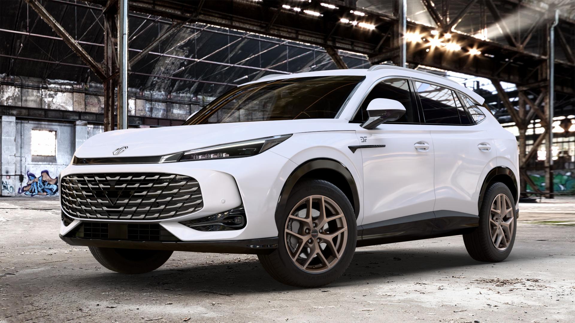 Borbet Y bronce matt Felge mit Reifen bronze in 18Zoll Winterfelge Alufelge auf weissem MG HS Typ AS3A 1,5l T 125kW (170 PS) PHEV 105kW (143 ⬇️ mit 15mm Tieferlegung ⬇️ Old Industrial Hall_max_4400mm_2024 Frontansicht_1
