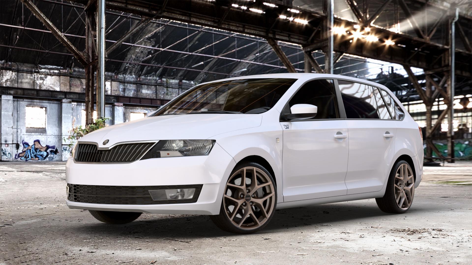 Borbet Y bronce matt Felge mit Reifen bronze in 18Zoll Winterfelge Alufelge auf weissem Skoda Rapid Spaceback Typ NH ⬇️ mit 15mm Tieferlegung ⬇️ Old Industrial Hall_max_4400mm_2024 Frontansicht_1