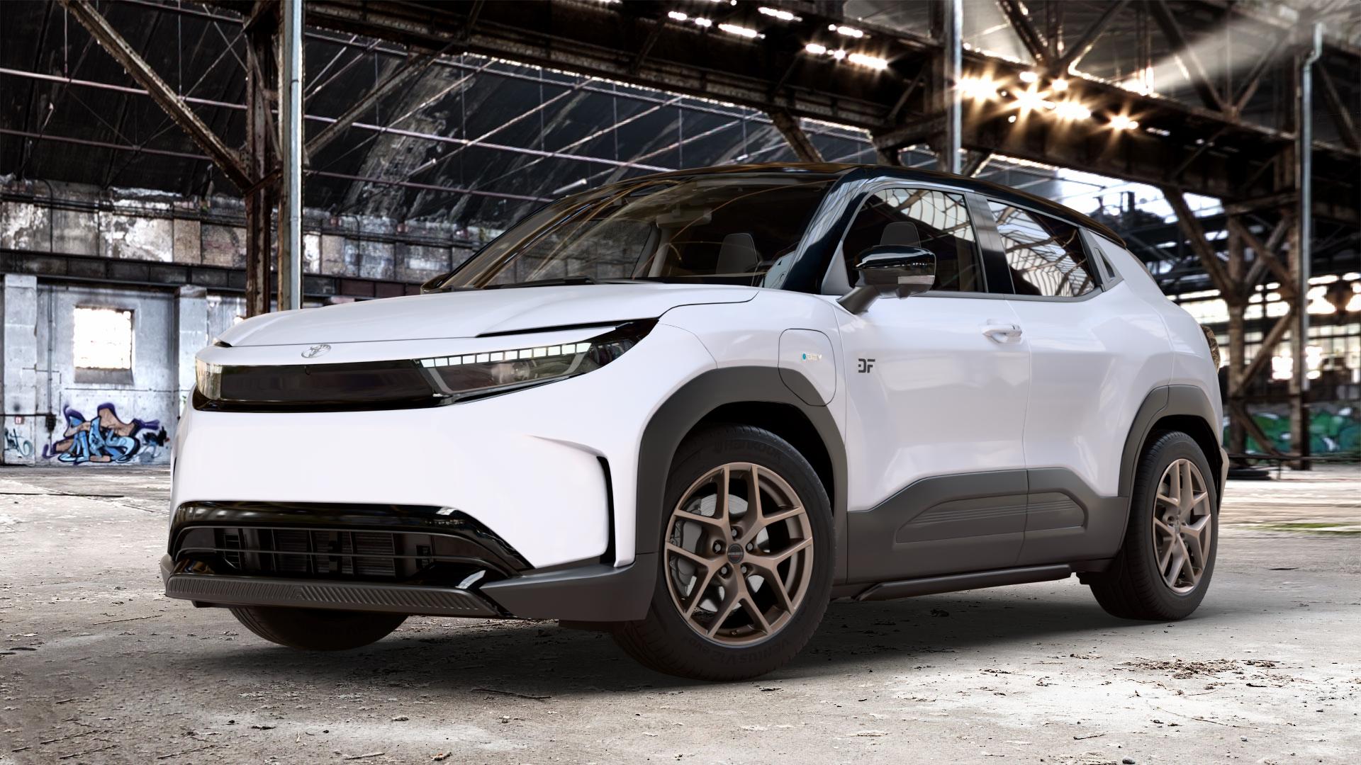 Borbet Y bronce matt Felge mit Reifen bronze in 18Zoll Winterfelge Alufelge auf weissen Toyota Urban Cruiser Typ BP ⬇️ mit 15mm Tieferlegung ⬇️ Old Industrial Hall_max_4400mm_2024 Frontansicht_1