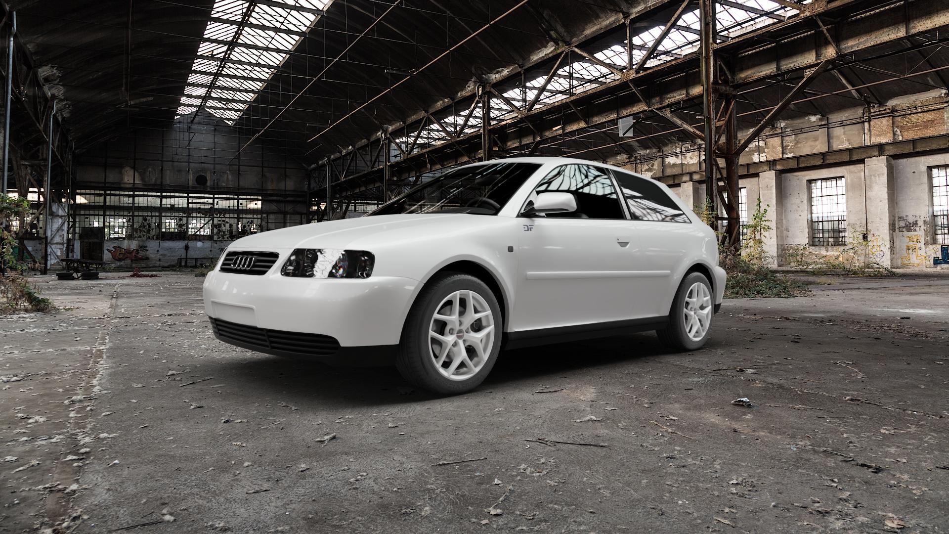 Borbet Y crystal silver Felge mit Reifen silber in 16Zoll Winterfelge Alufelge auf weissem Audi A3 Typ 8L ⬇️ mit 15mm Tieferlegung ⬇️ Old Industrial Hall_max5000mm_2022 Frontansicht_1