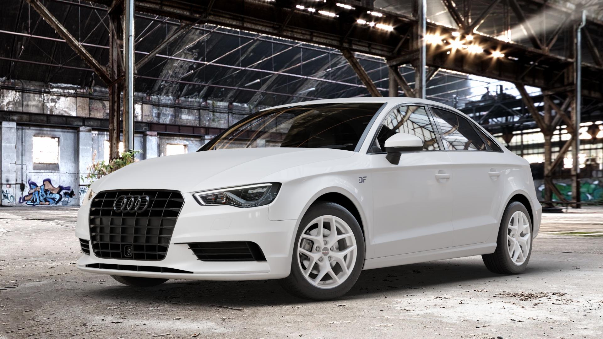 Borbet Y crystal silver Felge mit Reifen silber in 16Zoll Winterfelge Alufelge auf weissem Audi A3 Typ 8V (Limousine) ⬇️ mit 15mm Tieferlegung ⬇️ Old Industrial Hall_max_4400mm_2024 Frontansicht_1