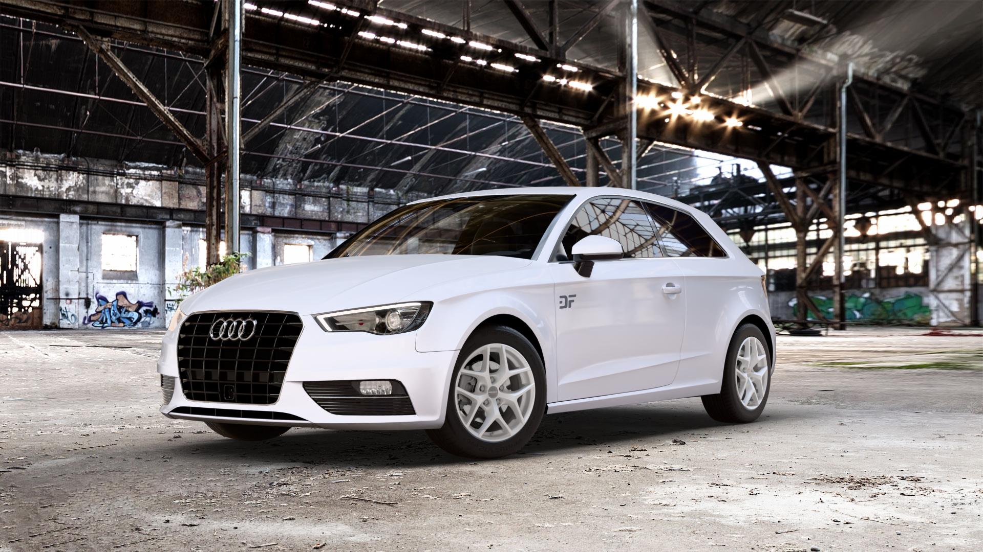Borbet Y crystal silver Felge mit Reifen silber in 16Zoll Winterfelge Alufelge auf weissem Audi A3 Typ 8V ⬇️ mit 15mm Tieferlegung ⬇️ Old Industrial Hall_max_5300mm_2024 Frontansicht_1