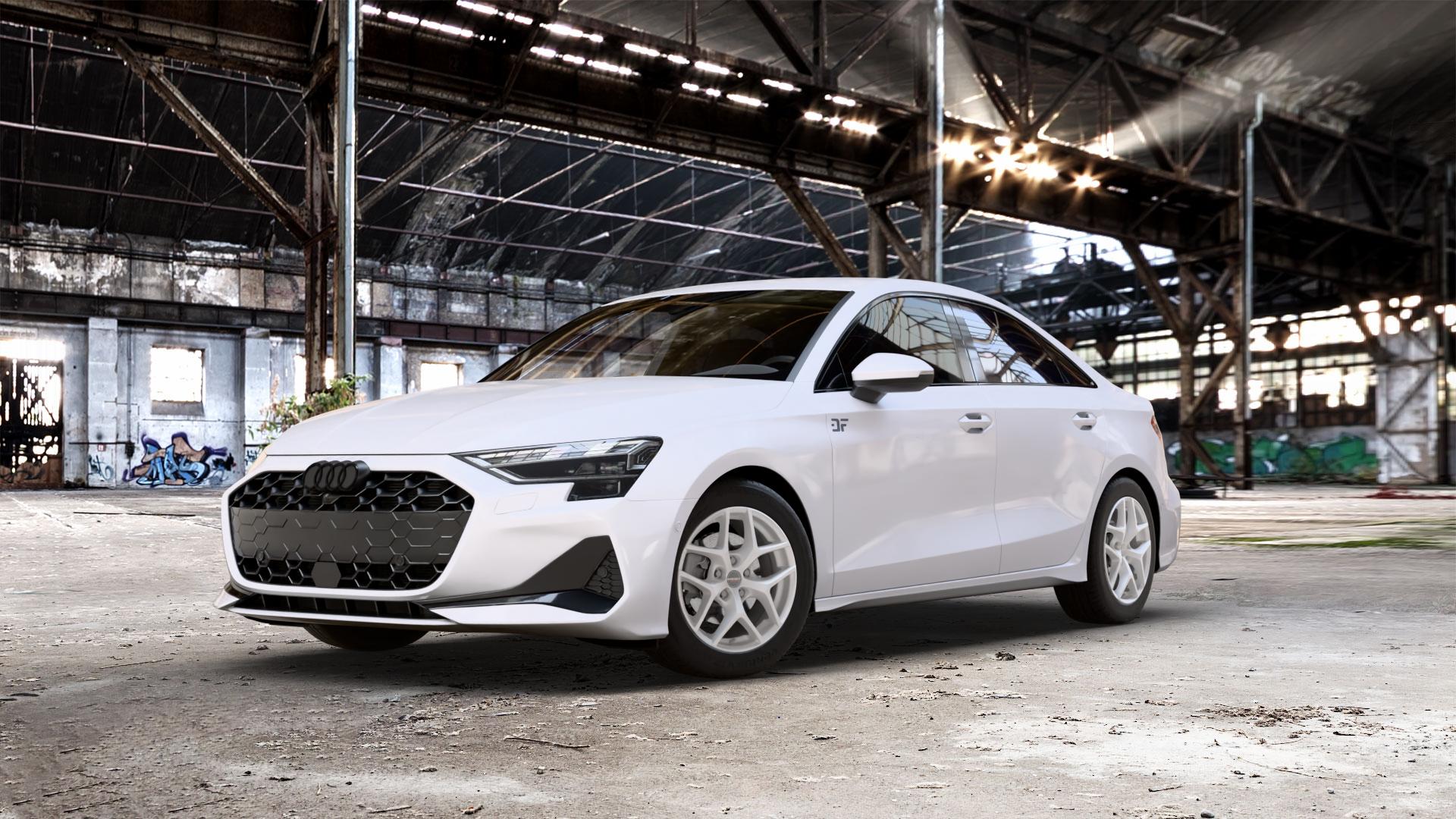 Borbet Y crystal silver Felge mit Reifen silber in 16Zoll Winterfelge Alufelge auf weissem Audi A3 Typ GY (Limousine) Facelift 1,5l 30 TFSI 85kW (116 PS) Mild-Hybrid 35 110kW (150 2,0l TDI ⬇️ mit 15mm Tieferlegung ⬇️ Old Industrial Hall_max_5300mm_2024 Frontansicht_1