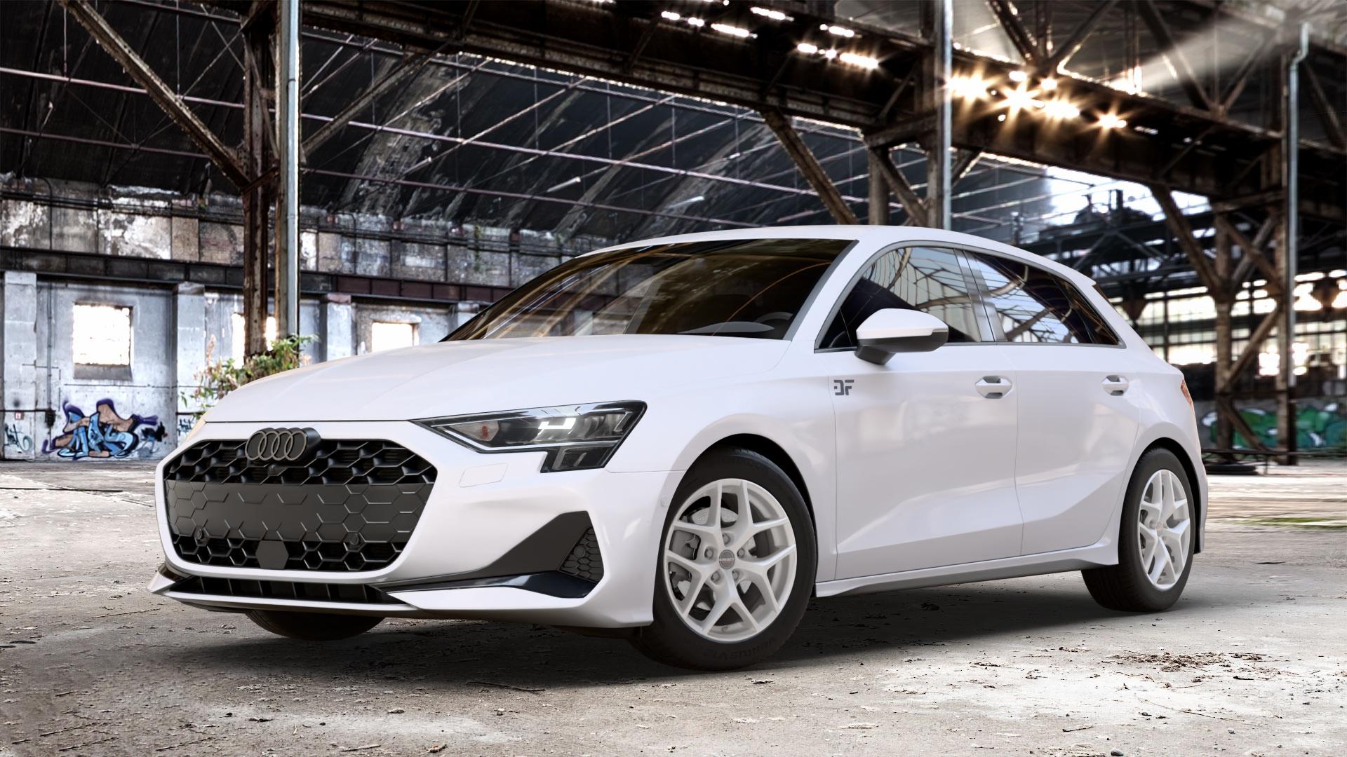 Borbet Y crystal silver Felge mit Reifen silber in 16Zoll Winterfelge Alufelge auf weissem Audi A3 Typ GY (Sportback) Facelift 2,0l 30 TDI 85kW (116 PS) 1,5l TFSI Mild-Hybrid 35 110kW (150 PHEV 200 130kW Hybrid (177 150 ⬇️ mit 15mm Tieferlegung ⬇️ Old Industrial Hall_max_4400mm_2024 Frontansicht_1