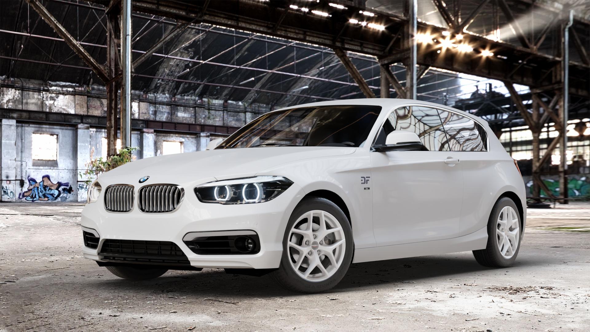 Borbet Y crystal silver Felge mit Reifen silber in 16Zoll Winterfelge Alufelge auf weissem BMW 114i Typ F21 116i 118i 125i 114d 116d 118d 120d 125d xDrive Facelift EffDyn Edition 1er Dreitürer (1K2) ⬇️ mit 15mm Tieferlegung ⬇️ Old Industrial Hall_max_4400mm_2024 Frontansicht_1
