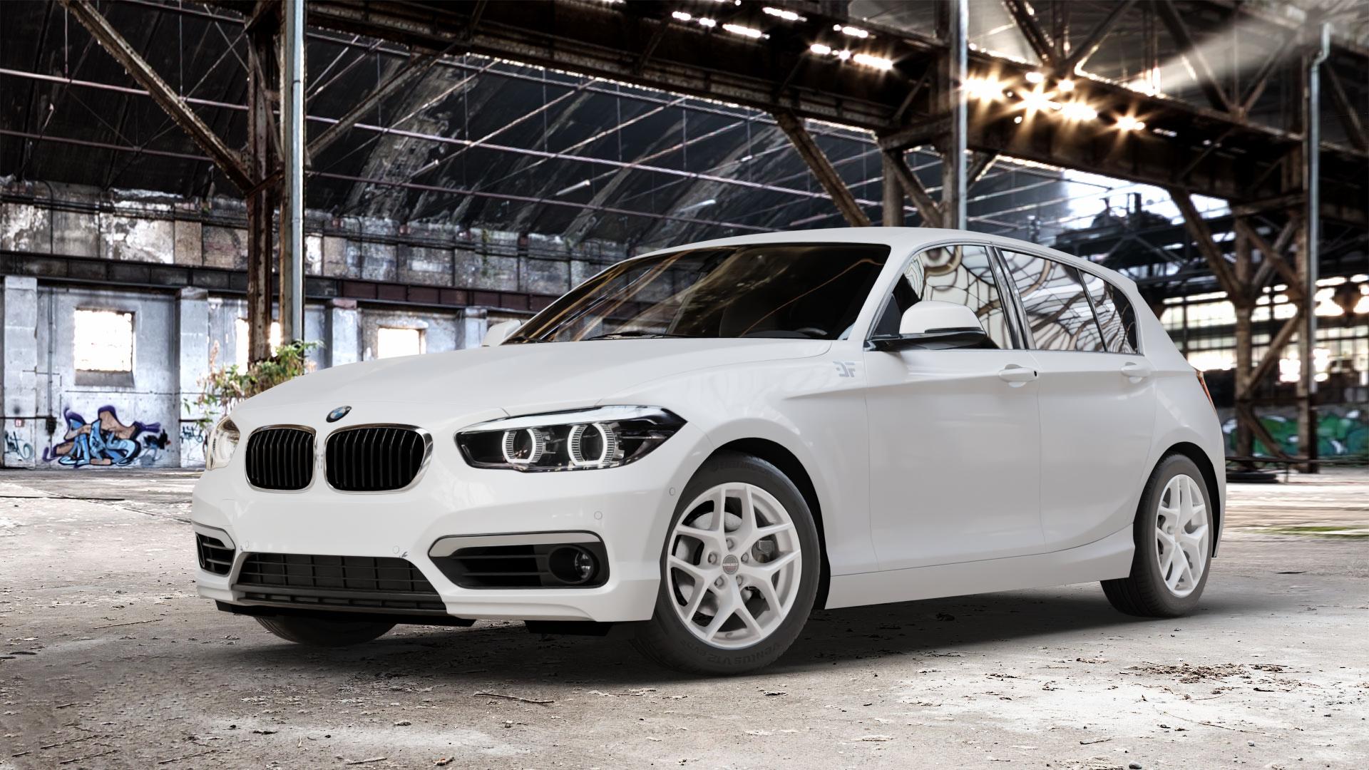 Borbet Y crystal silver Felge mit Reifen silber in 16Zoll Winterfelge Alufelge auf weissem BMW 116i Typ F20 118i 116d 118d 120d 125d 125i 114d 114i xDrive 120i Facelift EffDyn Edition 1 M135i ⬇️ mit 15mm Tieferlegung ⬇️ Old Industrial Hall_max_4400mm_2024 Frontansicht_1
