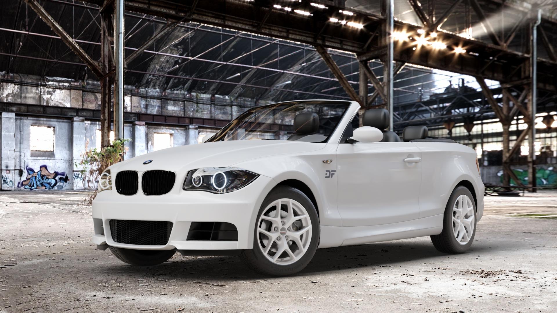 Borbet Y crystal silver Felge mit Reifen silber in 16Zoll Winterfelge Alufelge auf weissem BMW 118i Typ E88 (Cabriolet) 120d 120i 125i 135i 123d 118d 1er Cabrio (182, 1C) ⬇️ mit 15mm Tieferlegung ⬇️ Old Industrial Hall_max_4400mm_2024 Frontansicht_1
