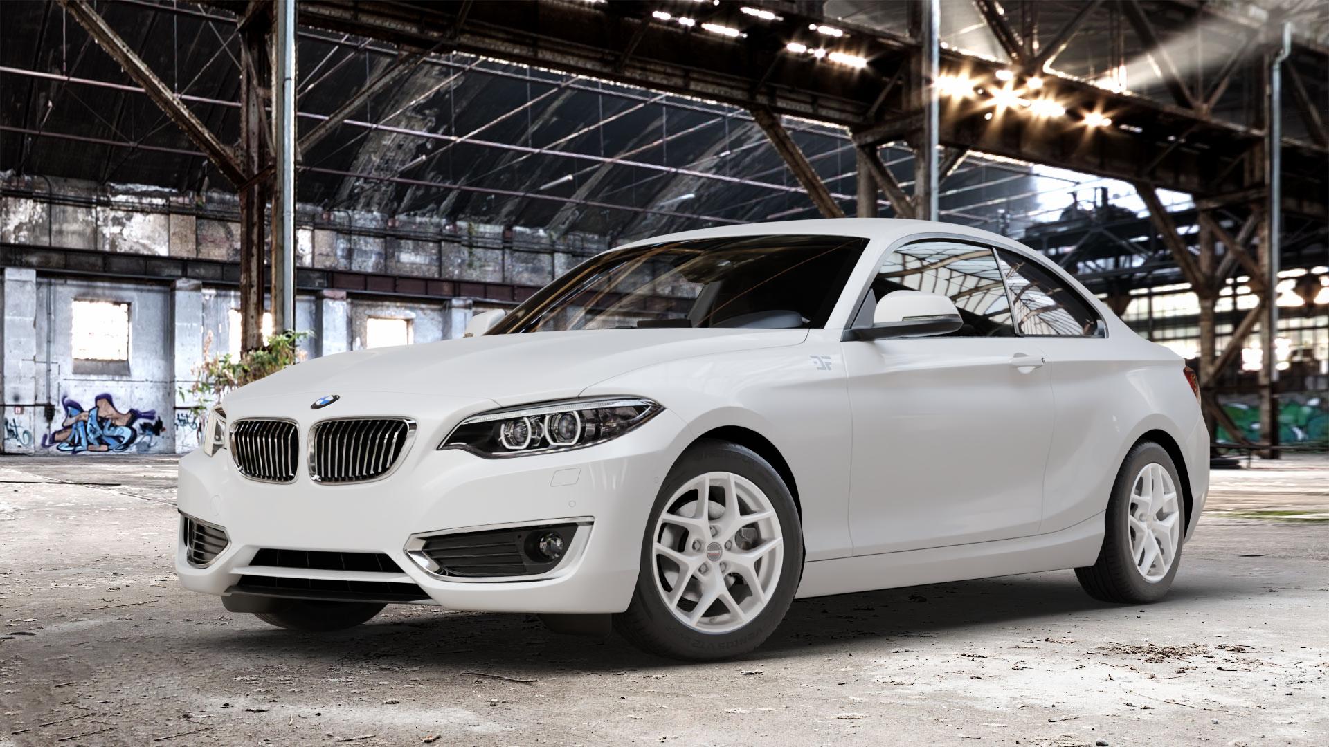 Borbet Y crystal silver Felge mit Reifen silber in 16Zoll Winterfelge Alufelge auf weissem BMW 220d Typ F22 (Coupé) 220i 218d 225d 228i 218i xDrive 230i 2er Coupé (1C) ⬇️ mit 15mm Tieferlegung ⬇️ Old Industrial Hall_max_4400mm_2024 Frontansicht_1