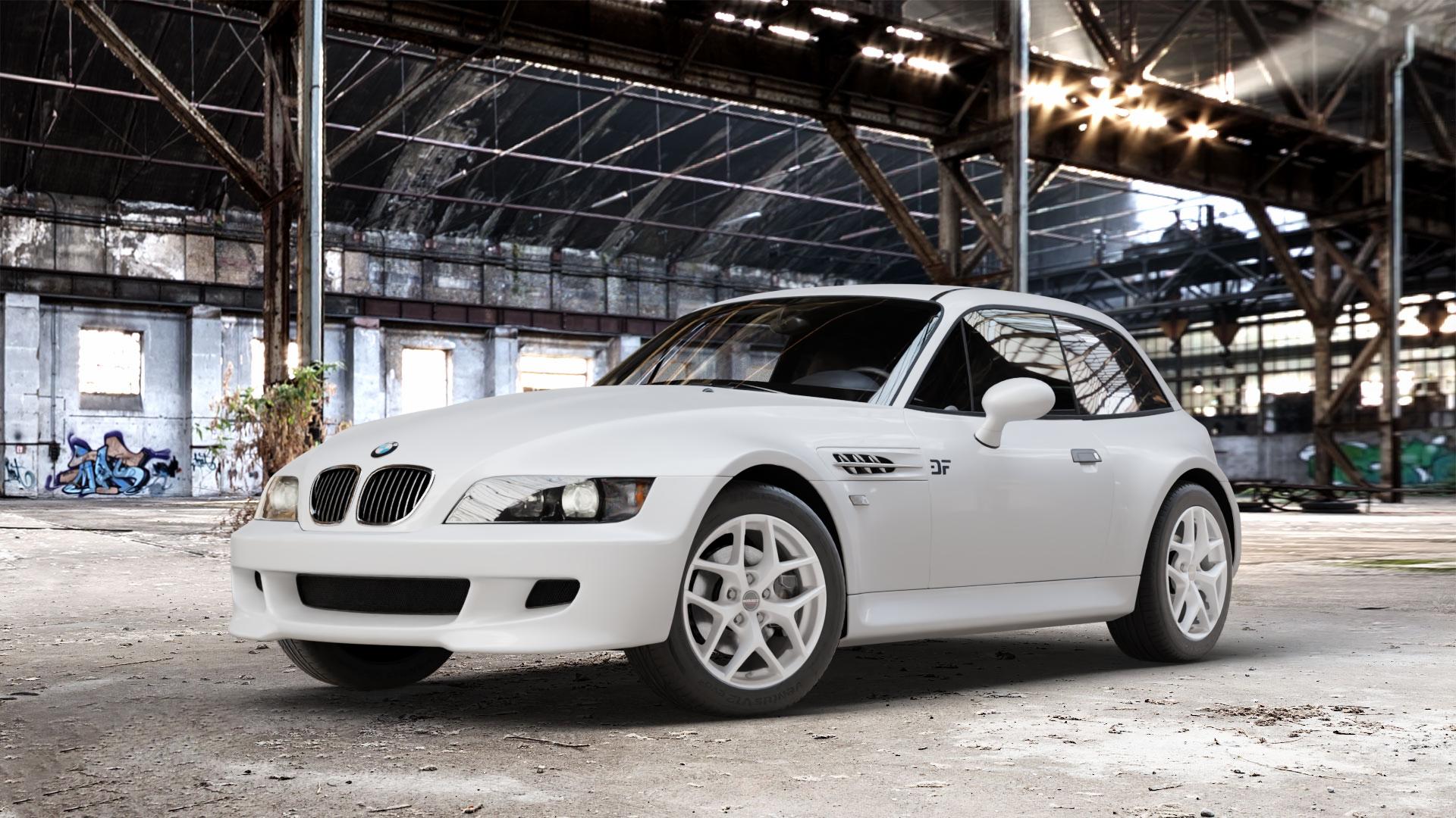 Borbet Y crystal silver Felge mit Reifen silber in 16Zoll Winterfelge Alufelge auf weissem BMW Z3 Coupé Typ E36/8(S) (R/C) ⬇️ mit 15mm Tieferlegung ⬇️ Old Industrial Hall_max_4400mm_2024 Frontansicht_1