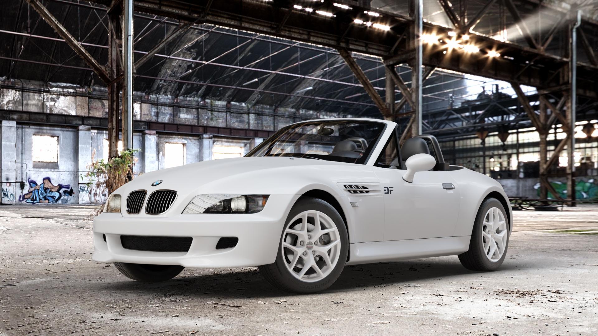 Borbet Y crystal silver Felge mit Reifen silber in 16Zoll Winterfelge Alufelge auf weissem BMW Z3 Roadster Typ E36/7(S) (R/C) ⬇️ mit 15mm Tieferlegung ⬇️ Old Industrial Hall_max_4400mm_2024 Frontansicht_1