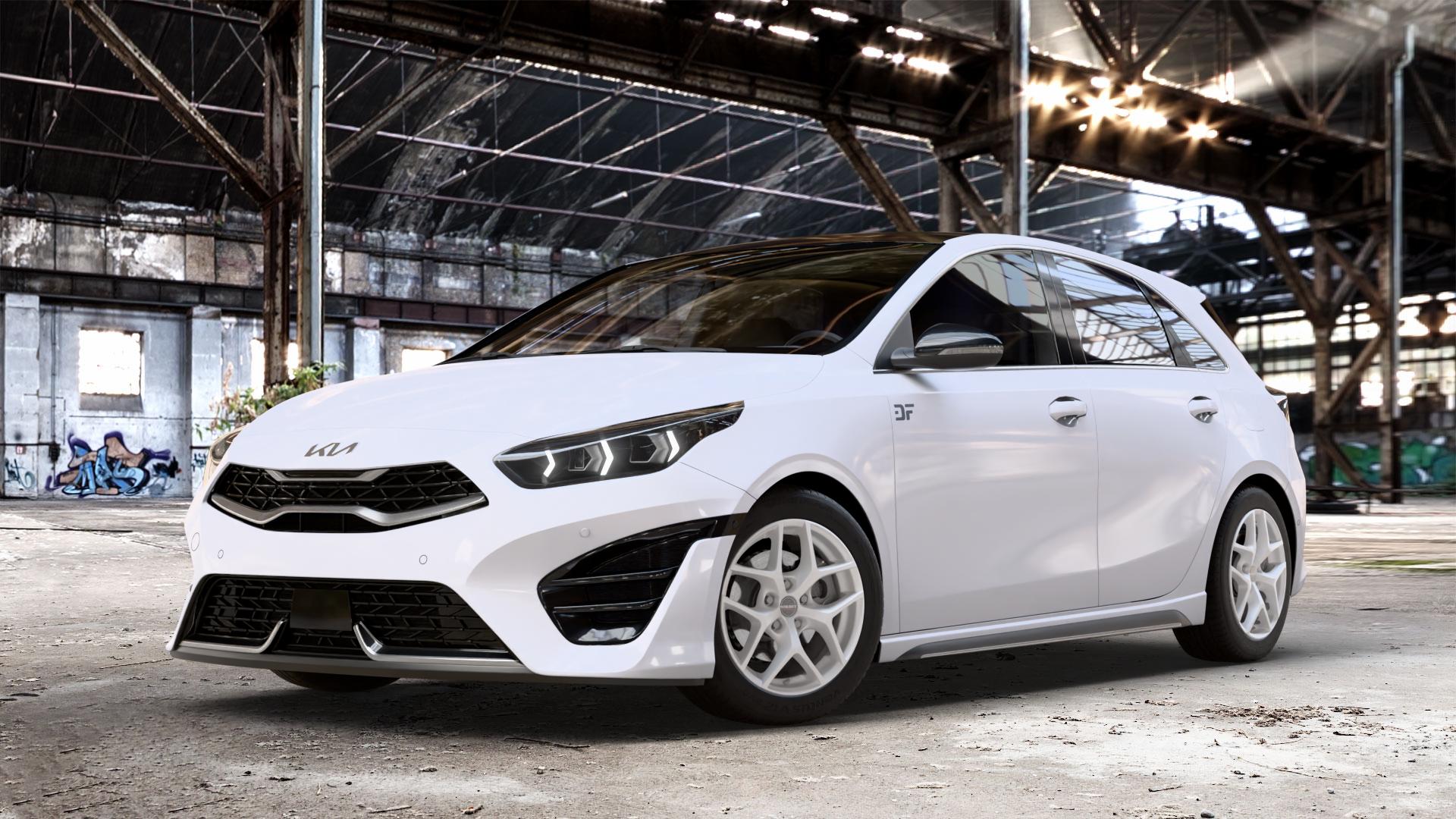 Borbet Y crystal silver Felge mit Reifen silber in 16Zoll Winterfelge Alufelge auf weissem Kia Ceed Schrägheck Typ CD Facelift 1,0l T-GDI 88kW Mild-Hybrid (120 PS) 74kW (101 1,5l 118kW (160 1,6l 150kW GT (204 CRDi 100kW (136 103kW (140 ⬇️ mit 15mm Tieferlegung ⬇️ Old Industrial Hall_max_4400mm_2024 Frontansicht_1