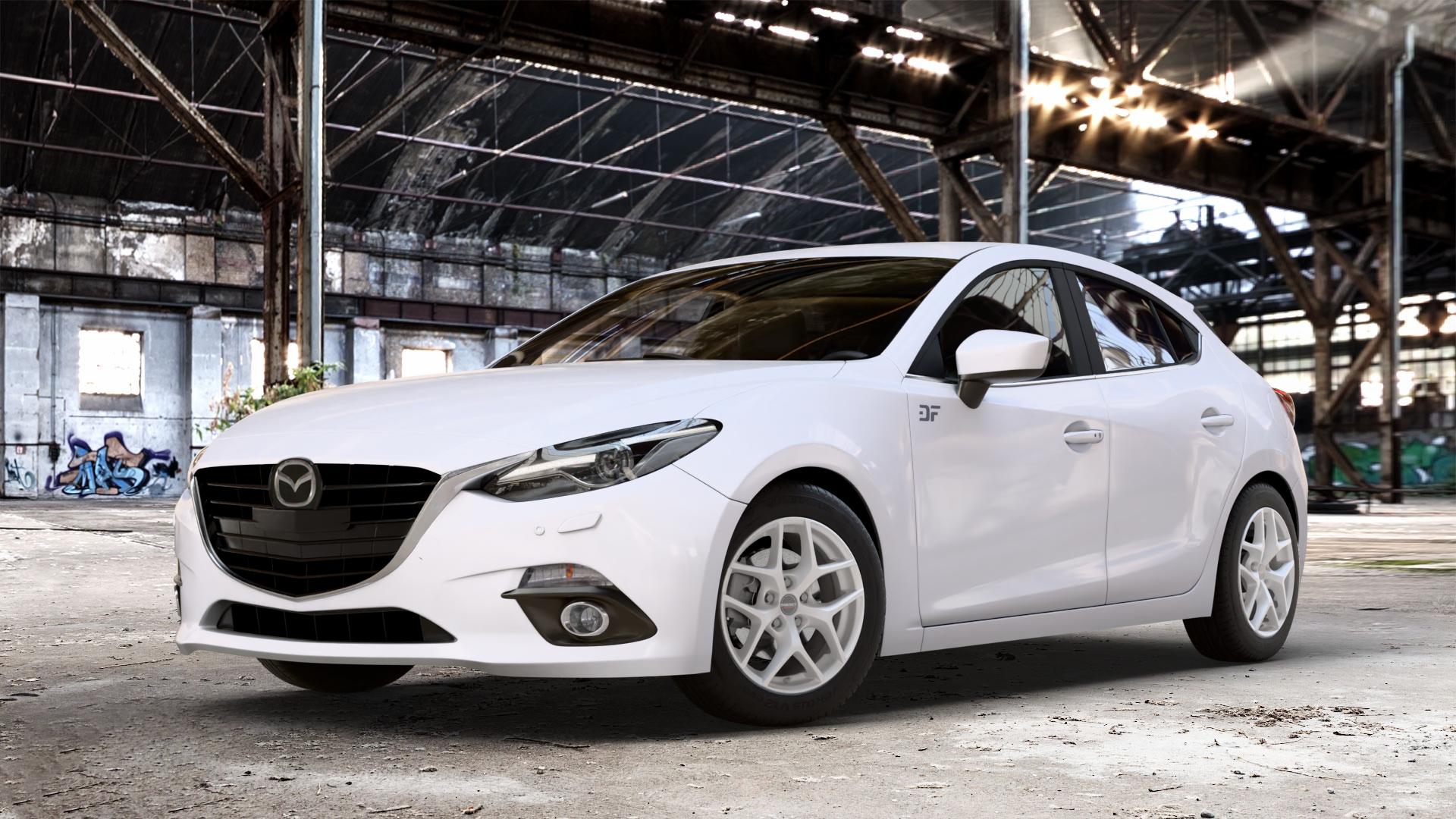 Borbet Y crystal silver Felge mit Reifen silber in 16Zoll Winterfelge Alufelge auf weissem Mazda 3 (13-) Stufenheck (BM) Sport (17-) Facelift Fließheck ⬇️ mit 15mm Tieferlegung ⬇️ Old Industrial Hall_max_4400mm_2024 Frontansicht_1