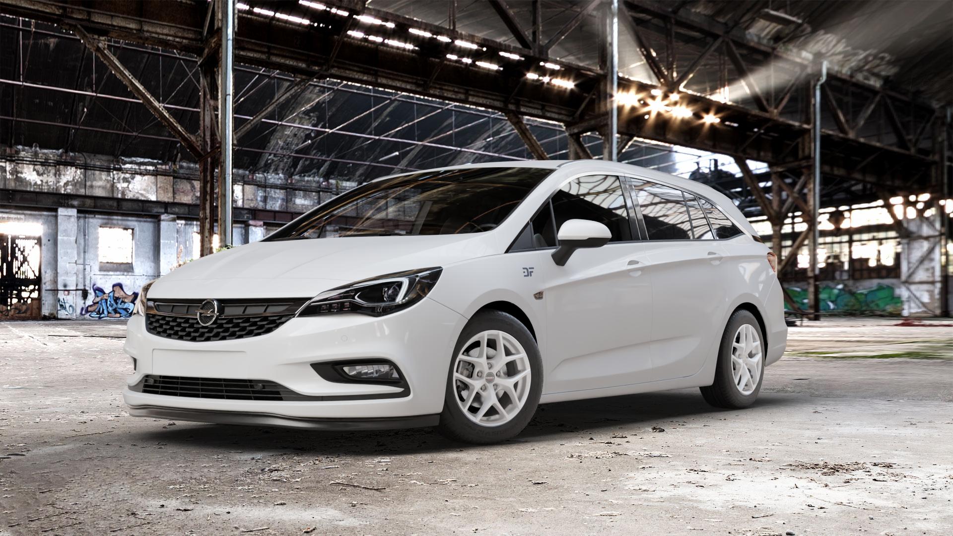 Borbet Y crystal silver Felge mit Reifen silber in 16Zoll Winterfelge Alufelge auf weissem Opel Astra K Sports Tourer Typ B-K ⬇️ mit 15mm Tieferlegung ⬇️ Old Industrial Hall_max_5300mm_2024 Frontansicht_1