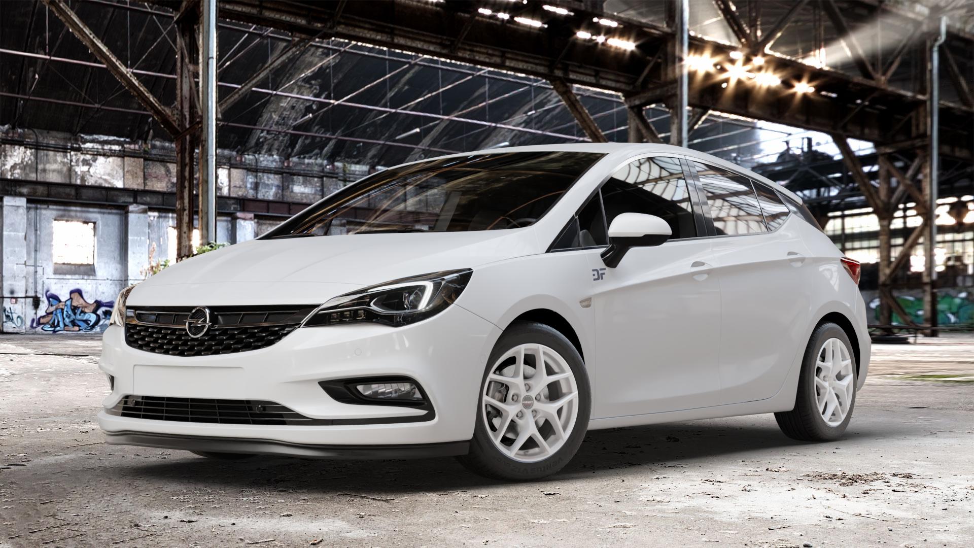 Borbet Y crystal silver Felge mit Reifen silber in 16Zoll Winterfelge Alufelge auf weissem Opel Astra K Typ B-K ⬇️ mit 15mm Tieferlegung ⬇️ Old Industrial Hall_max_4400mm_2024 Frontansicht_1