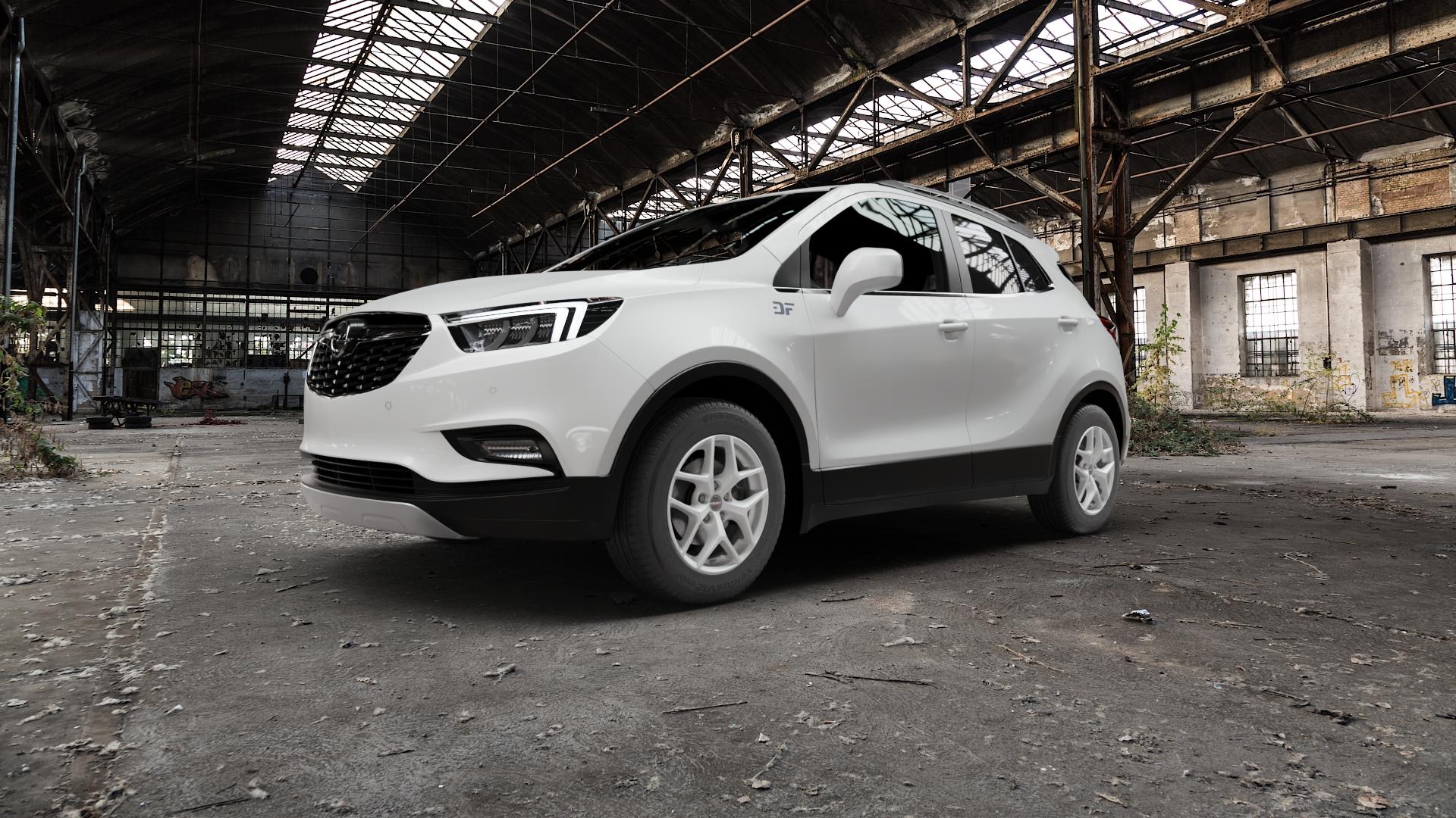 Borbet Y crystal silver Felge mit Reifen silber in 16Zoll Winterfelge Alufelge auf weissem Opel Mokka X Typ J-A ⬇️ mit 15mm Tieferlegung ⬇️ Old Industrial Hall_max5000mm_2022 Frontansicht_1