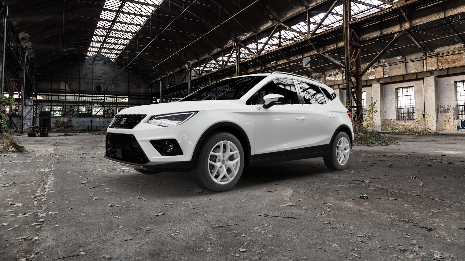 Borbet Y crystal silver Felge mit Reifen silber in 16Zoll Winterfelge Alufelge auf weissem Seat Arona Typ KJ ⬇️ mit 15mm Tieferlegung ⬇️ Old Industrial Hall_max5000mm_2022 Frontansicht_1