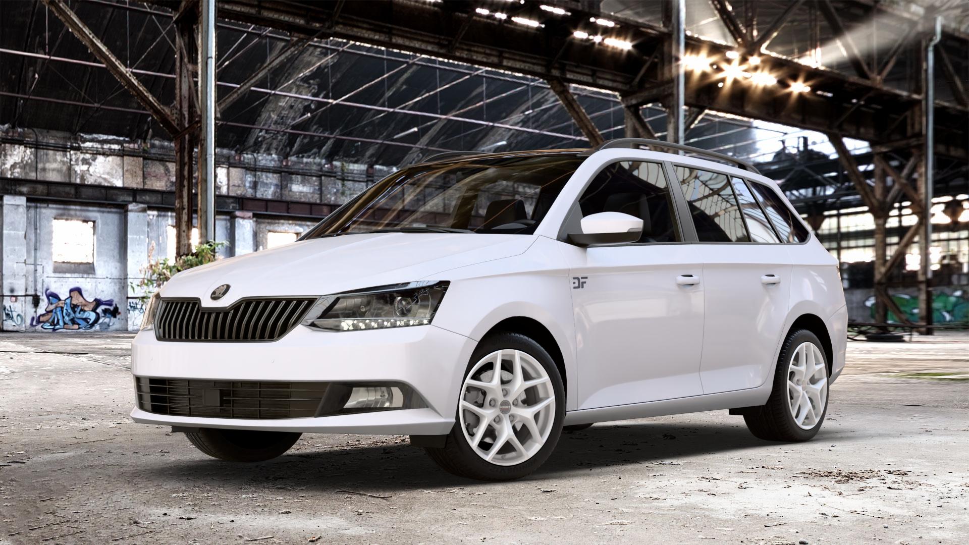 Borbet Y crystal silver Felge mit Reifen silber in 16Zoll Winterfelge Alufelge auf weissem Skoda Fabia III Kombi Typ 5J Facelift ⬇️ mit 15mm Tieferlegung ⬇️ Old Industrial Hall_max_4400mm_2024 Frontansicht_1