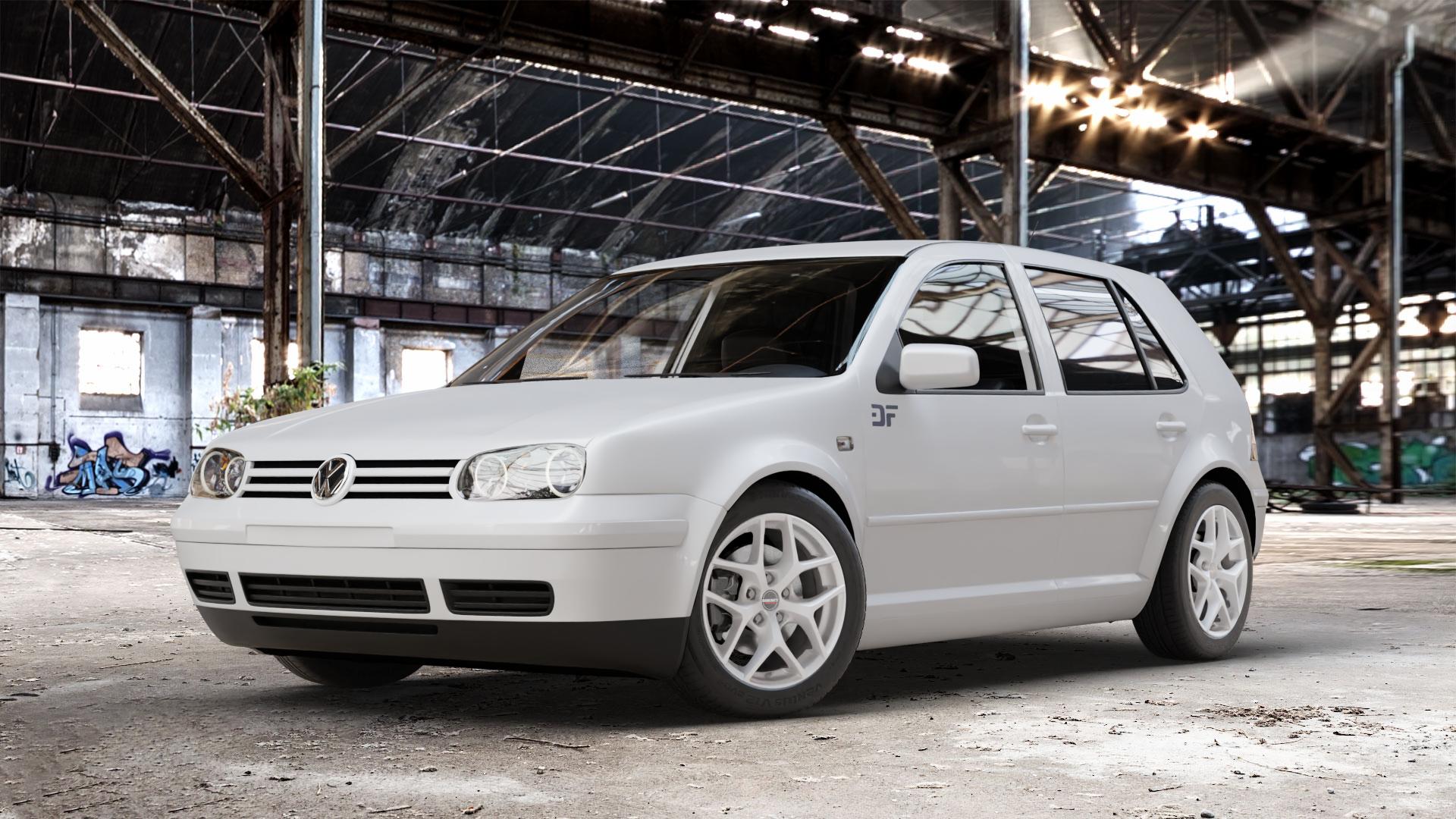 Borbet Y crystal silver Felge mit Reifen silber in 16Zoll Winterfelge Alufelge auf weissem Volkswagen (VW) Golf 4 Cabrio Variant ⬇️ mit 15mm Tieferlegung ⬇️ Old Industrial Hall_max_4400mm_2024 Frontansicht_1