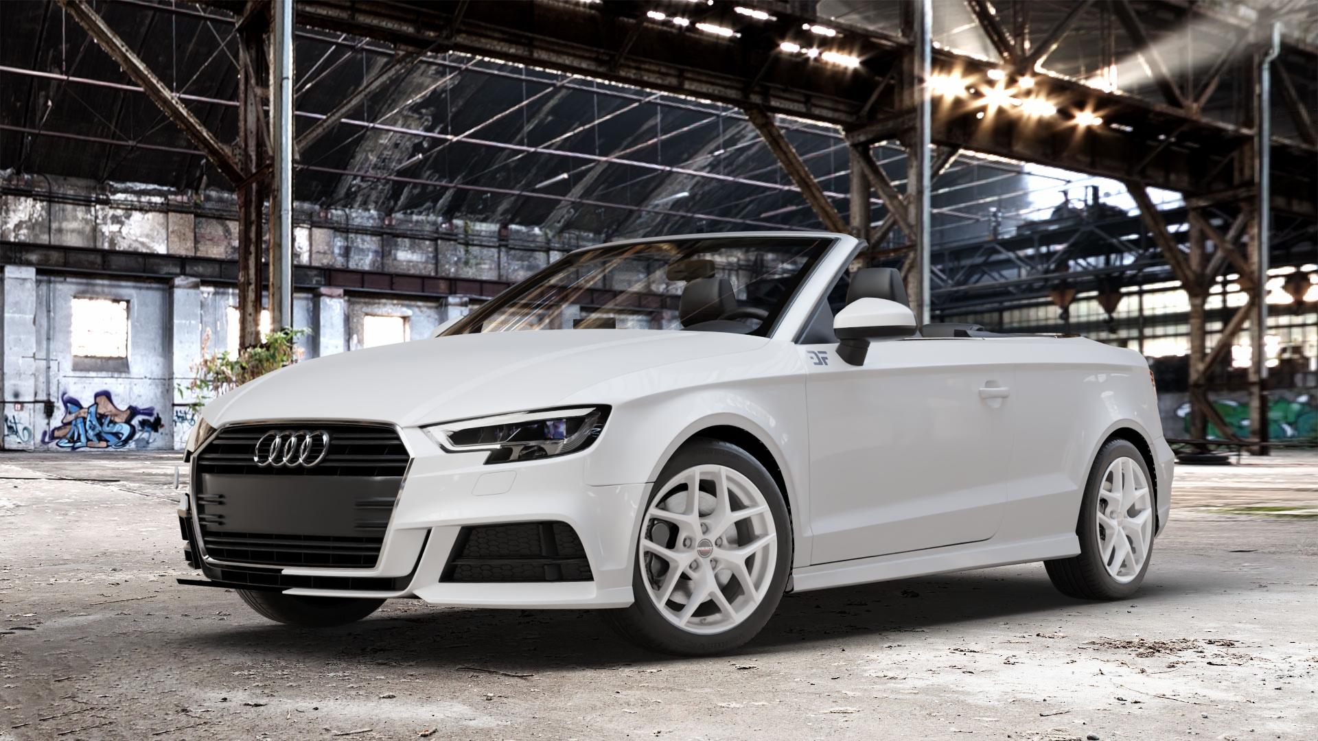 Borbet Y crystal silver Felge mit Reifen silber in 17Zoll Winterfelge Alufelge auf weissem Audi A3 Typ 8V (Cabriolet) Facelift ⬇️ mit 15mm Tieferlegung ⬇️ Old Industrial Hall_max_4400mm_2024 Frontansicht_1