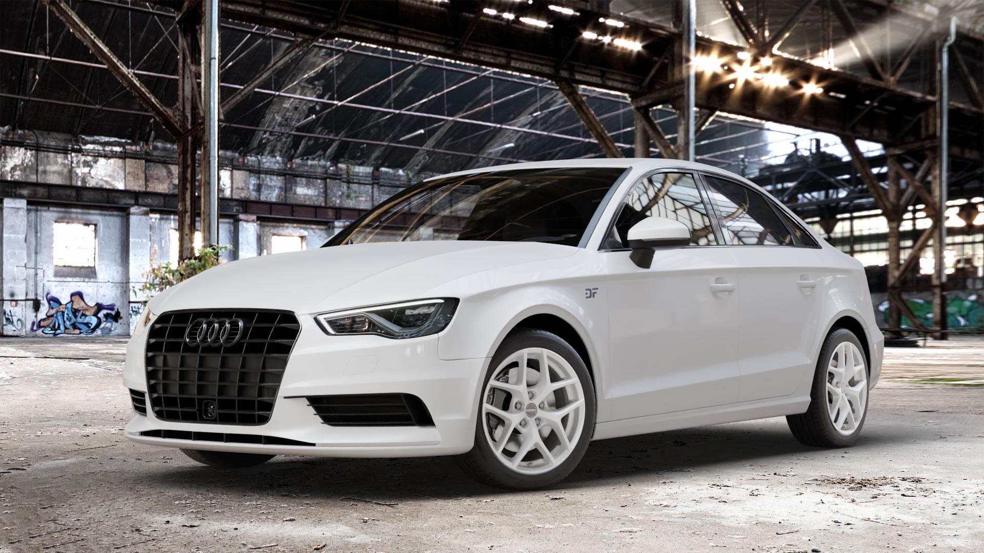Borbet Y crystal silver Felge mit Reifen silber in 17Zoll Winterfelge Alufelge auf weissem Audi A3 Typ 8V (Limousine) ⬇️ mit 15mm Tieferlegung ⬇️ Old Industrial Hall_max_4400mm_2024 Frontansicht_1