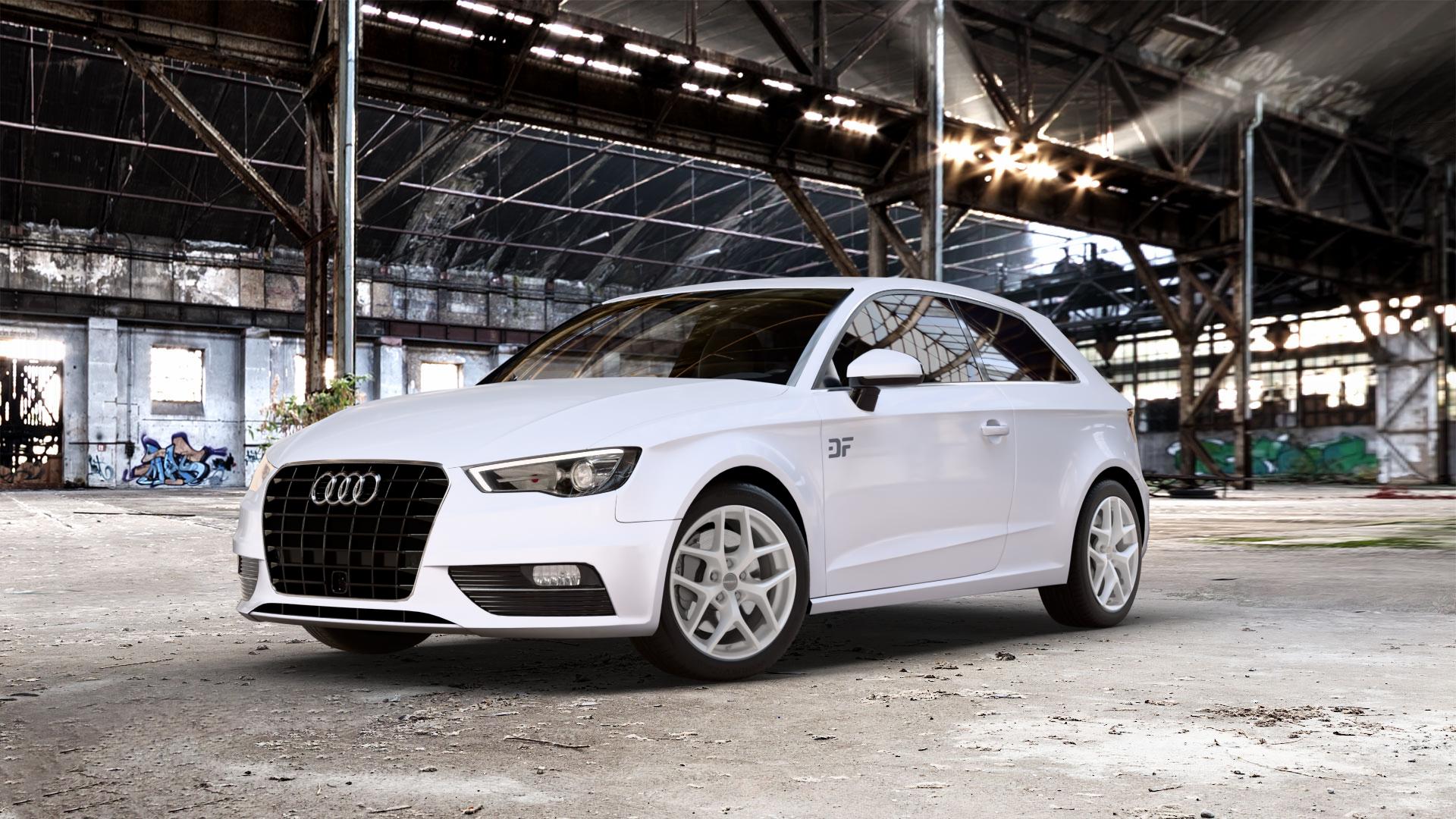 Borbet Y crystal silver Felge mit Reifen silber in 17Zoll Winterfelge Alufelge auf weissem Audi A3 Typ 8V ⬇️ mit 15mm Tieferlegung ⬇️ Old Industrial Hall_max_5300mm_2024 Frontansicht_1