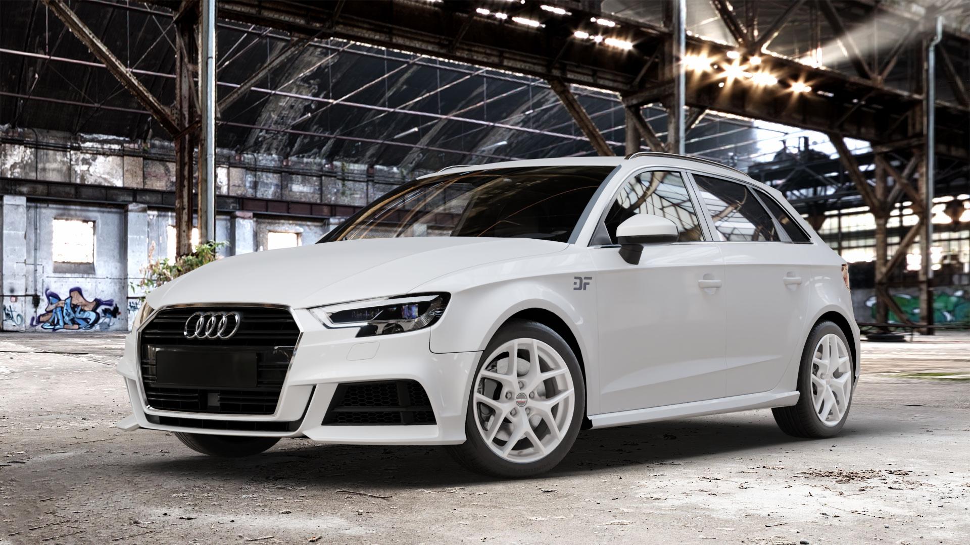 Borbet Y crystal silver Felge mit Reifen silber in 17Zoll Winterfelge Alufelge auf weissem Audi A3 Typ 8V (Sportback) Facelift ⬇️ mit 15mm Tieferlegung ⬇️ Old Industrial Hall_max_4400mm_2024 Frontansicht_1