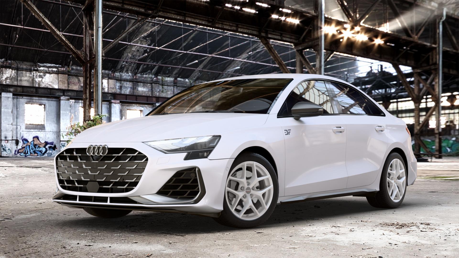 Borbet Y crystal silver Felge mit Reifen silber in 17Zoll Winterfelge Alufelge auf weissem Audi A3 Typ GY (Limousine) 2,0l TFSI quattro 228kW S3 (310 PS) ⬇️ mit 15mm Tieferlegung ⬇️ Old Industrial Hall_max_4400mm_2024 Frontansicht_1