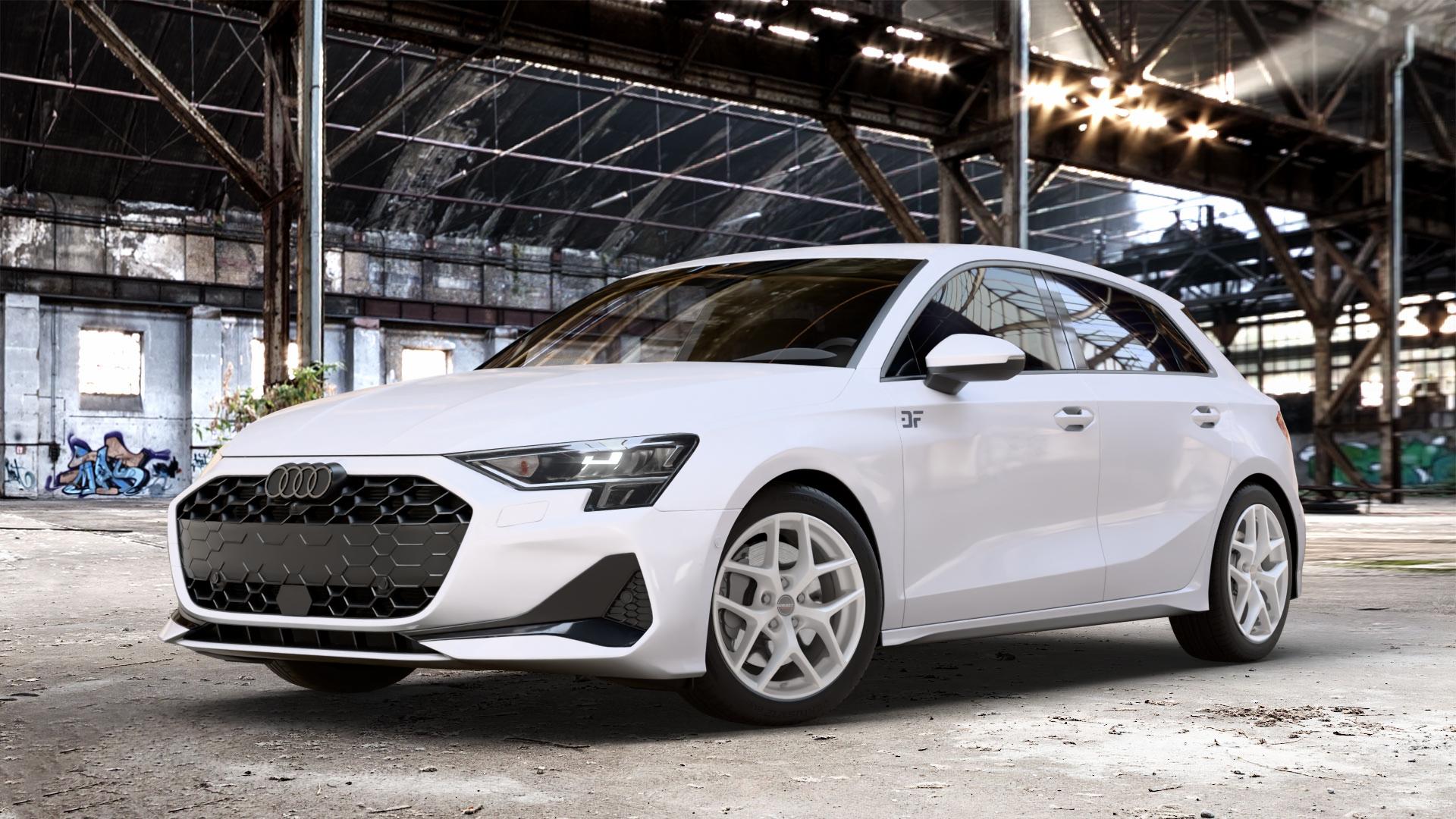 Borbet Y crystal silver Felge mit Reifen silber in 17Zoll Winterfelge Alufelge auf weissem Audi A3 Typ GY (Sportback) Facelift 2,0l 30 TDI 85kW (116 PS) 1,5l TFSI Mild-Hybrid 35 110kW (150 PHEV 200 130kW Hybrid (177 150 ⬇️ mit 15mm Tieferlegung ⬇️ Old Industrial Hall_max_4400mm_2024 Frontansicht_1