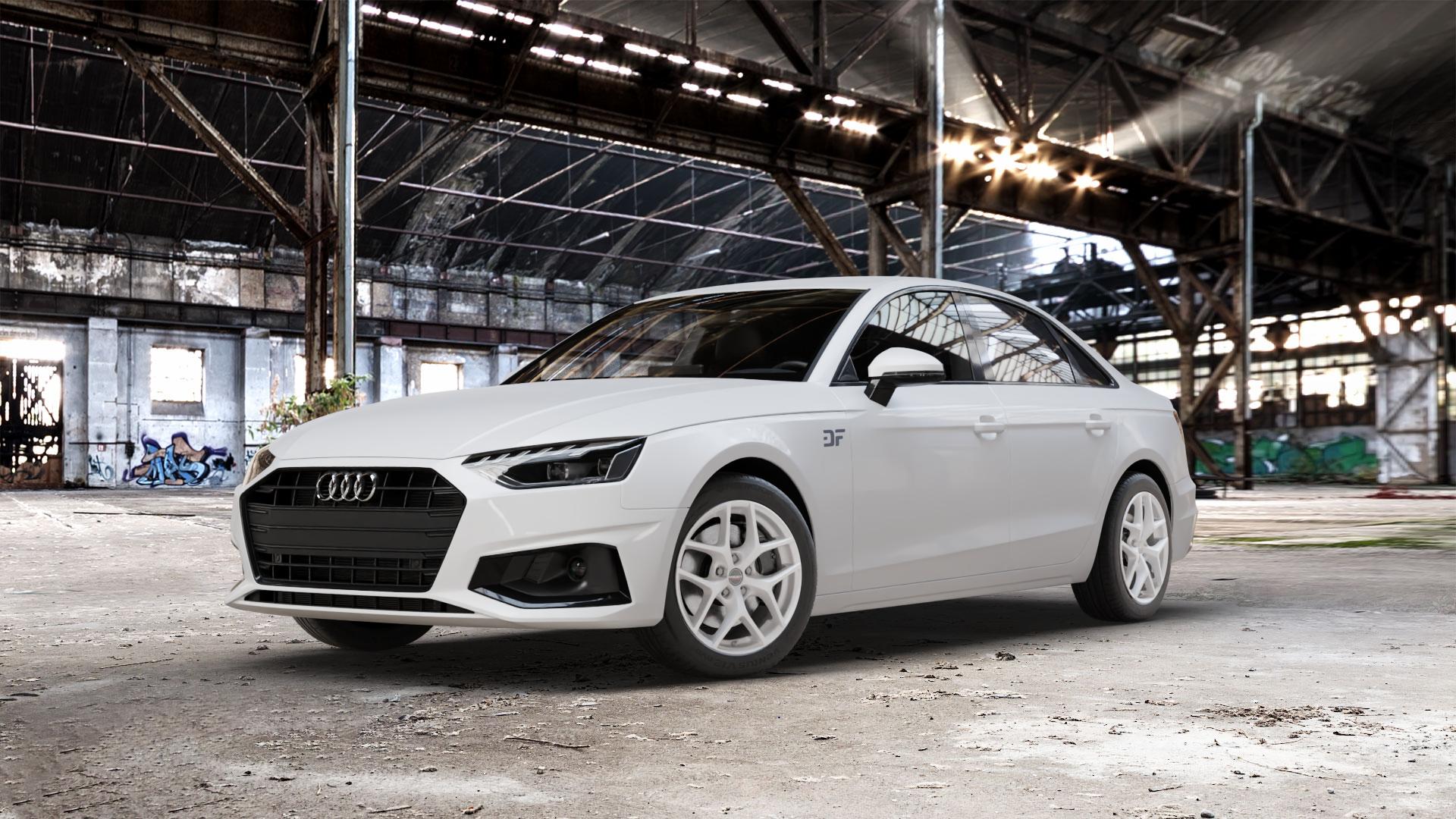 Borbet Y crystal silver Felge mit Reifen silber in 17Zoll Winterfelge Alufelge auf weissem Audi A4 Typ B9 (Limousine) Facelift ⬇️ mit 15mm Tieferlegung ⬇️ Old Industrial Hall_max_5300mm_2024 Frontansicht_1