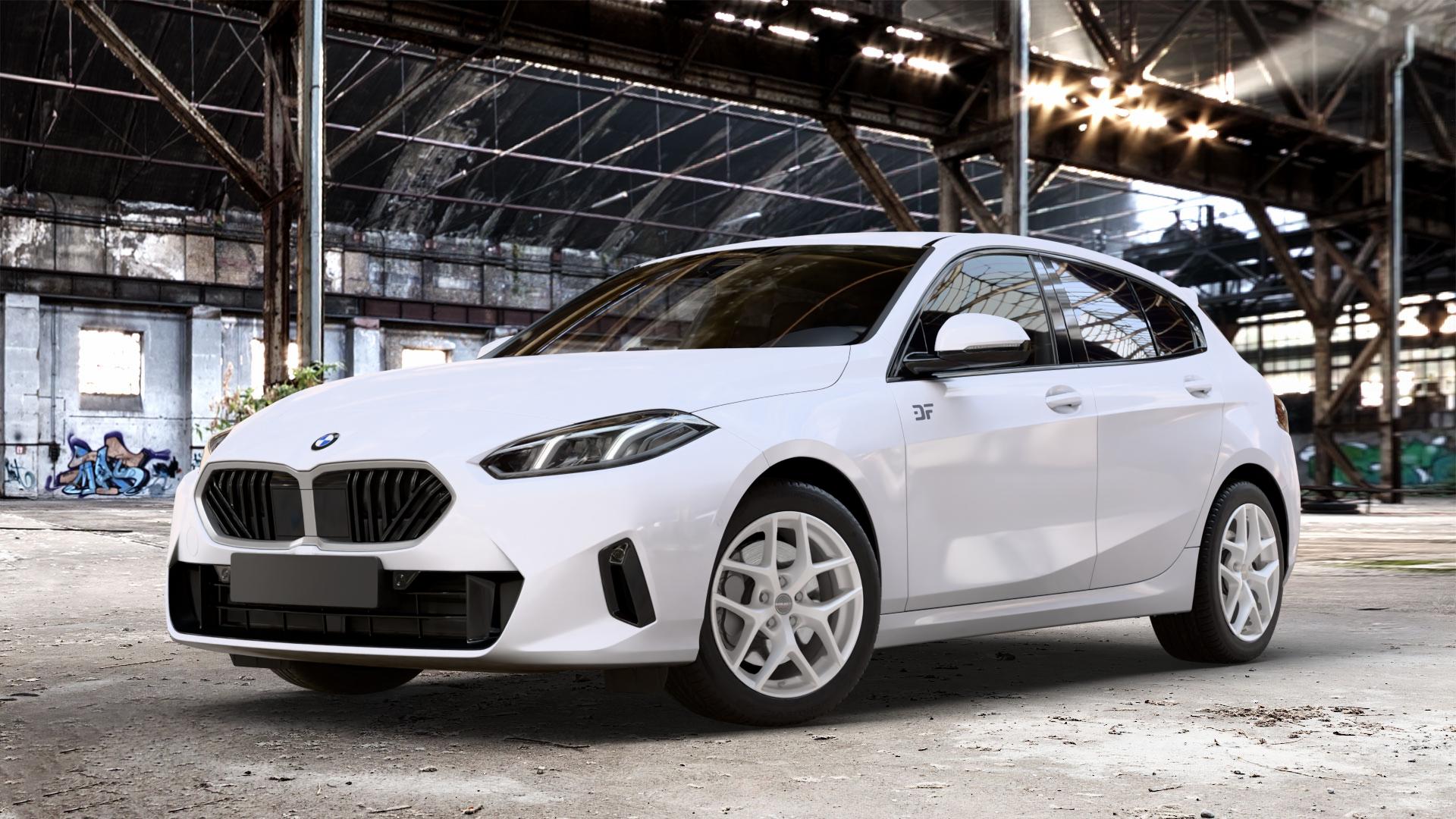 Borbet Y crystal silver Felge mit Reifen silber in 17Zoll Winterfelge Alufelge auf weissem BMW 118d Typ F70 120 1er Fünftürer (F7) ⬇️ mit 15mm Tieferlegung ⬇️ Old Industrial Hall_max_4400mm_2024 Frontansicht_1