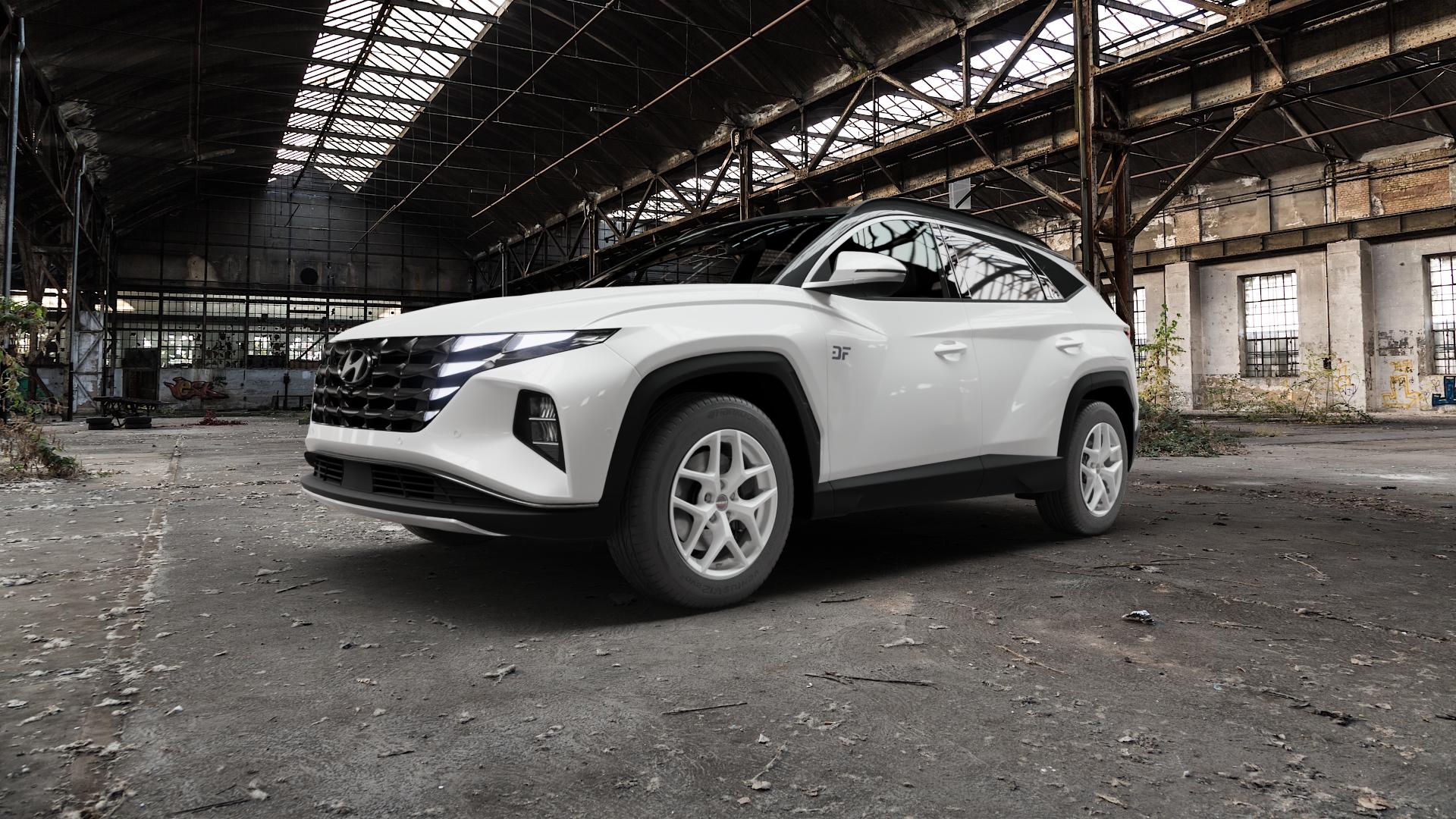 Borbet Y crystal silver Felge mit Reifen silber in 17Zoll Winterfelge Alufelge auf weissem Hyundai Tucson III Typ NX4e ⬇️ mit 15mm Tieferlegung ⬇️ Old Industrial Hall_max5000mm_2022 Frontansicht_1