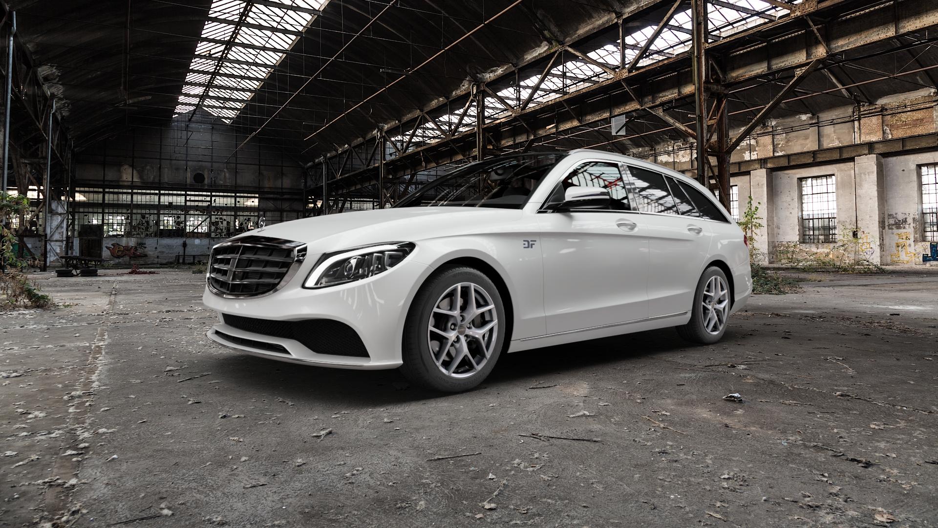 Borbet Y crystal silver Felge mit Reifen silber in 17Zoll Winterfelge Alufelge auf weissem Mercedes C-Klasse Typ S205 Kombi Facelift ⬇️ mit 15mm Tieferlegung ⬇️ Old Industrial Hall_max5000mm_2022 Frontansicht_1