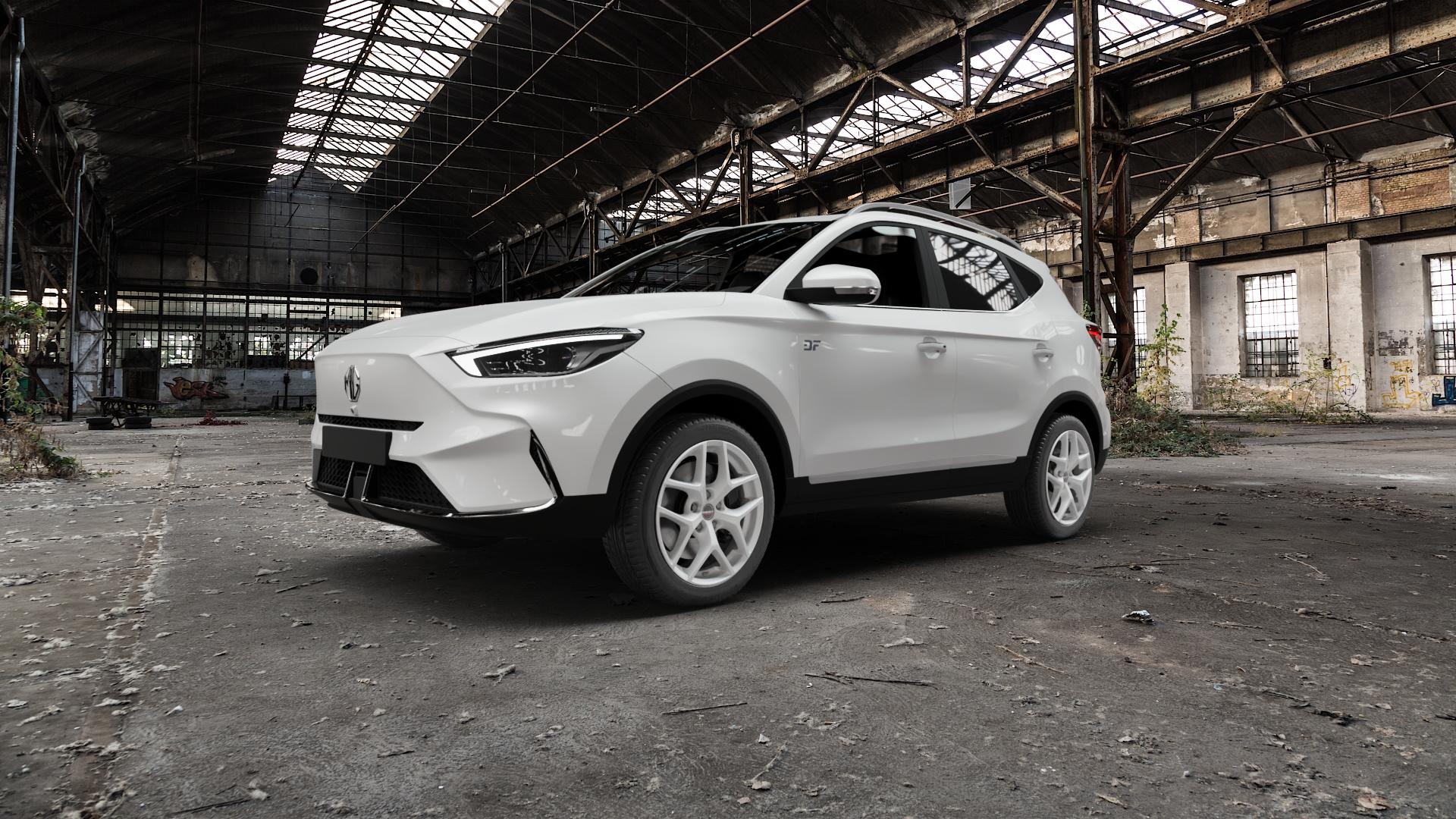 Borbet Y crystal silver Felge mit Reifen silber in 17Zoll Winterfelge Alufelge auf weissem MG ZS EV Typ ZS1 ⬇️ mit 15mm Tieferlegung ⬇️ Old Industrial Hall_max5000mm_2022 Frontansicht_1