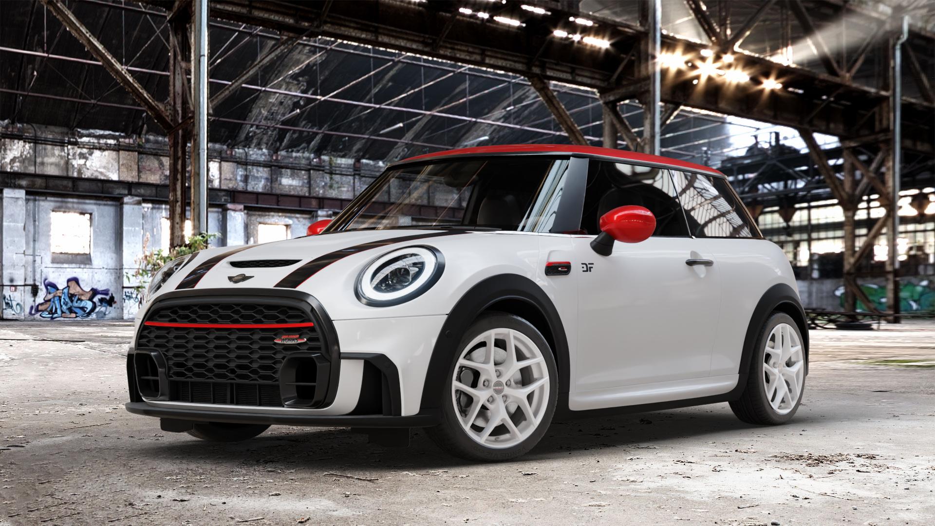 Borbet Y crystal silver Felge mit Reifen silber in 17Zoll Winterfelge Alufelge auf weissem Mini F56 Typ FML2 (3-Türer Limousine) Facelift 21-> 2,0l Cooper S 131kW (178 PS) 120kW (163 JCW 170kW (231 ⬇️ mit 15mm Tieferlegung ⬇️ Old Industrial Hall_max_4400mm_2024 Frontansicht_1