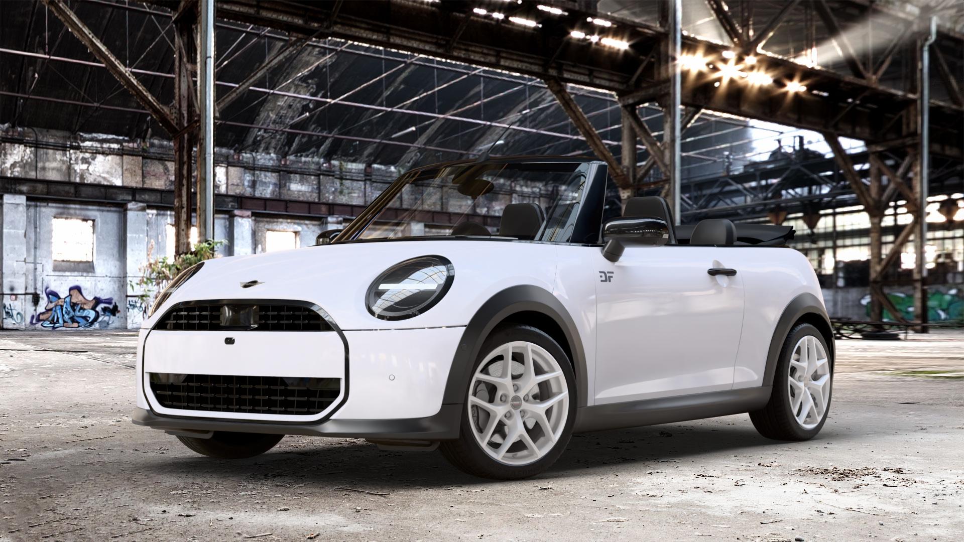 Borbet Y crystal silver Felge mit Reifen silber in 17Zoll Winterfelge Alufelge auf weissem Mini F67 Typ FM6 (Cabrio) 2,0l Cooper 120kW (163 PS) S 150kW (204 JCW 170kW (231 ⬇️ mit 15mm Tieferlegung ⬇️ Old Industrial Hall_max_4400mm_2024 Frontansicht_1