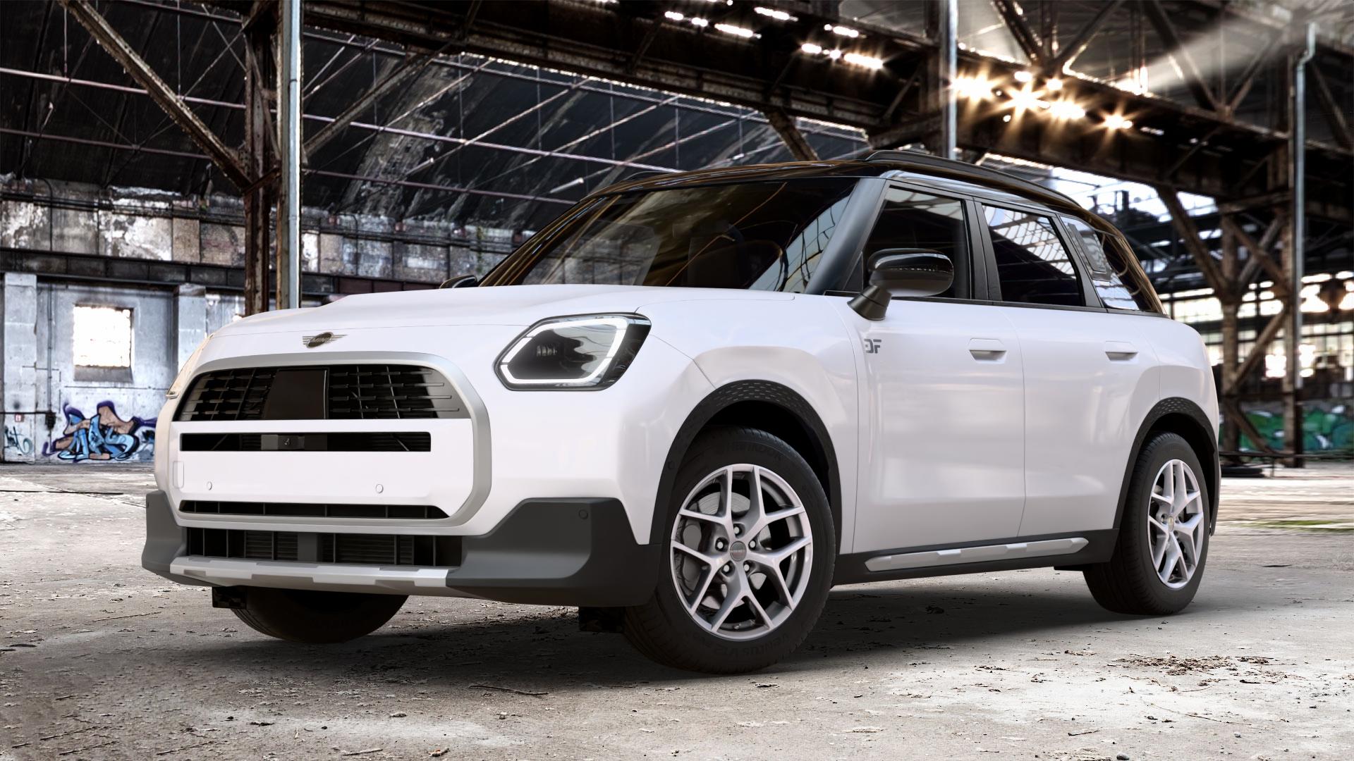 Borbet Y crystal silver Felge mit Reifen silber in 17Zoll Winterfelge Alufelge auf weissem Mini U25 Typ UMX (Countryman) 1,5l C 100kW Mild-Hybrid (136 PS) 115kW (156 2,0l JCW ALL4 221kW (300 D 110kW (150 0,0l E 68kW (92 S 150kW (204 SE 104kW (141 ⬇️ mit 15mm Tieferlegung ⬇️ Old Industrial Hall_max_4400mm_2024 Frontansicht_1